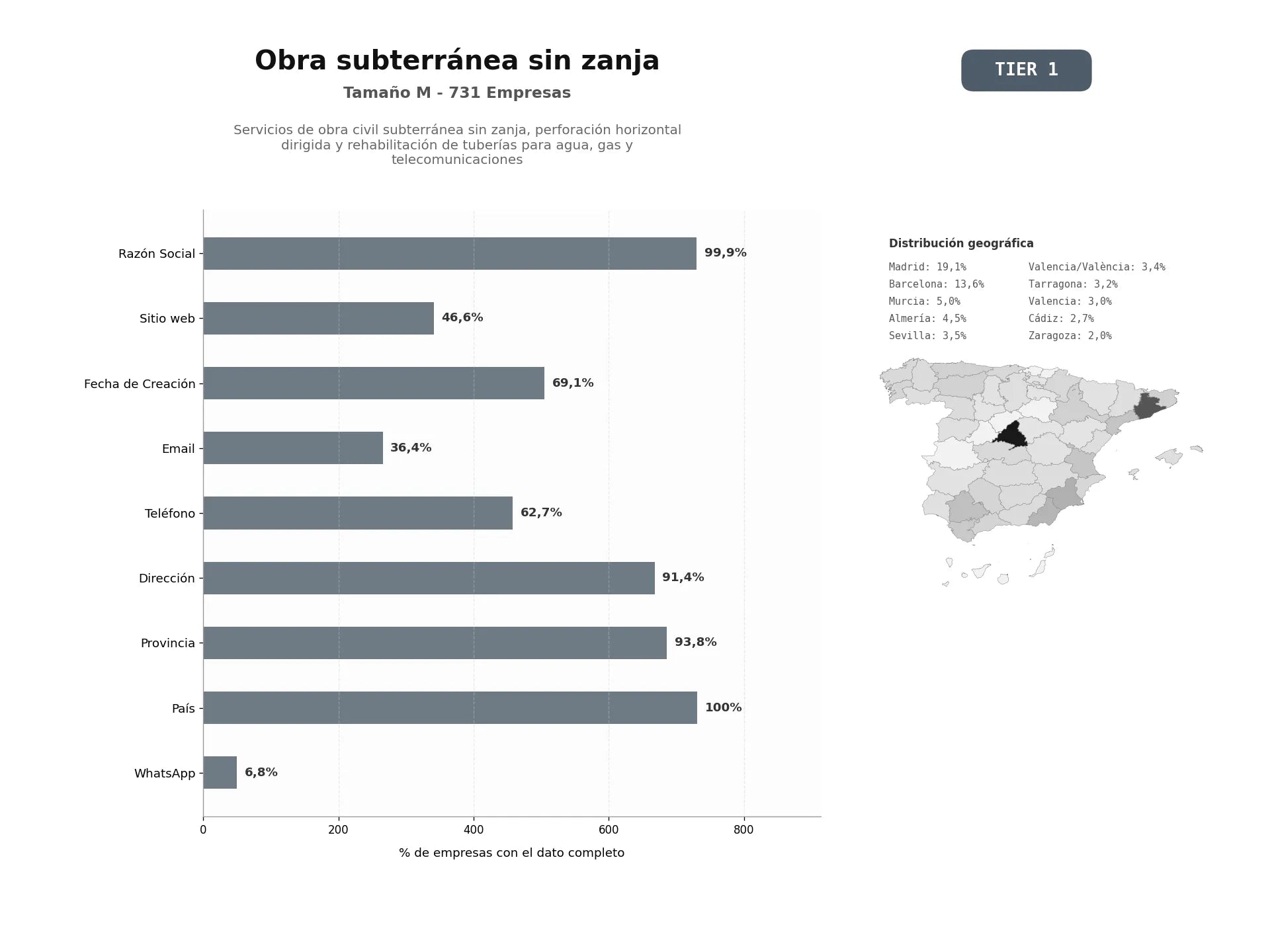 bases de datos del sector Servicios de obra civil subterránea sin zanja, perforación horizontal dirigida y rehabilitación de tuberías para agua, gas y telecomunicaciones