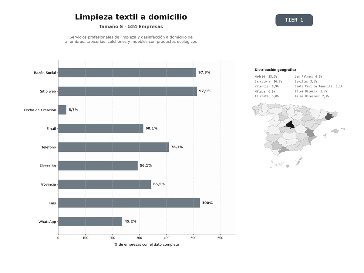bases de datos del sector Servicios profesionales de limpieza y desinfección a domicilio de alfombras, tapicerías, colchones y muebles con productos ecológicos