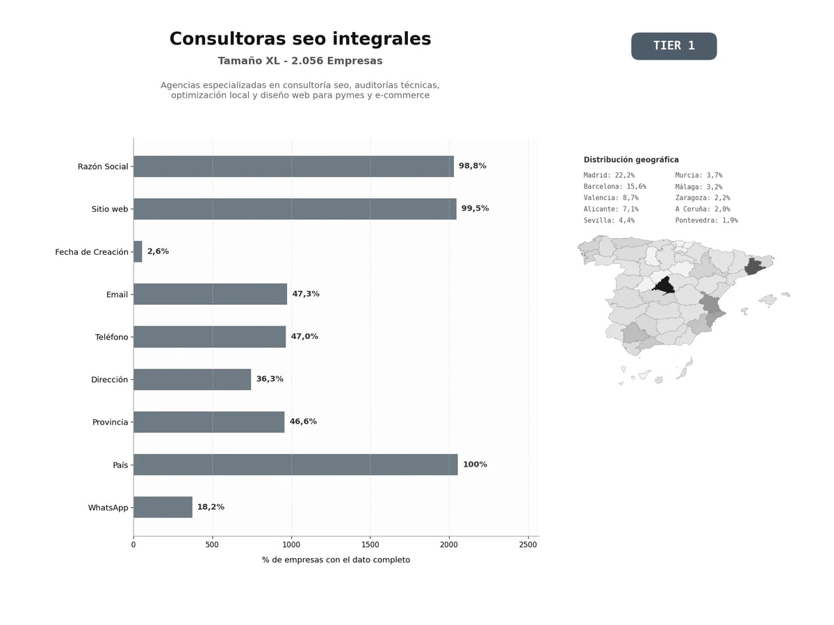 bases de datos del sector Agencias especializadas en consultoría SEO, auditorías técnicas, optimización local y diseño web para pymes y e‑commerce
