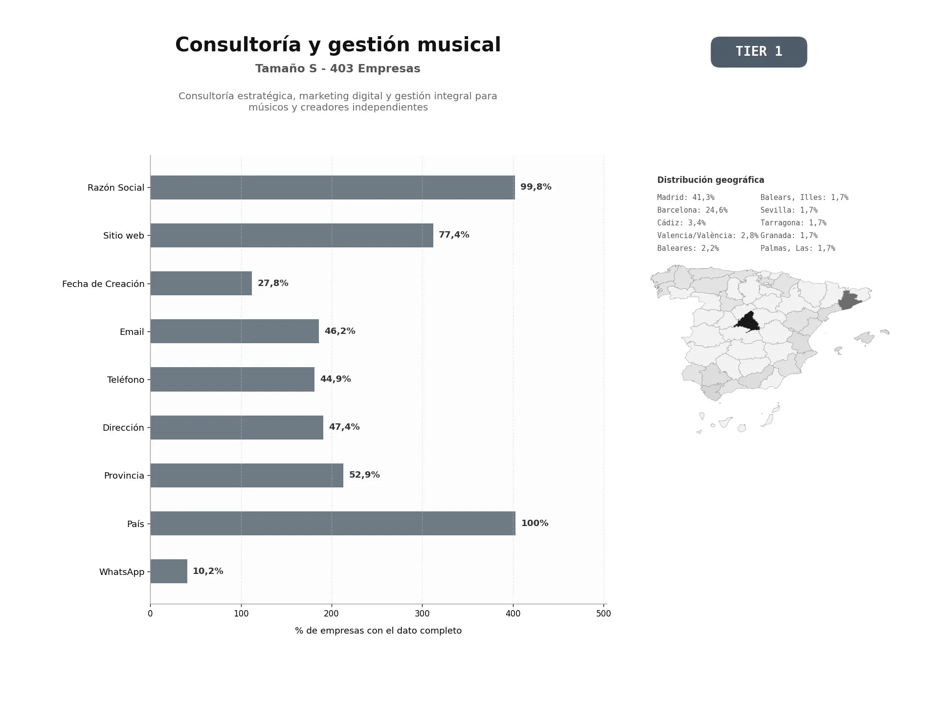 bases de datos del sector Consultoría estratégica, marketing digital y gestión integral para músicos y creadores independientes
