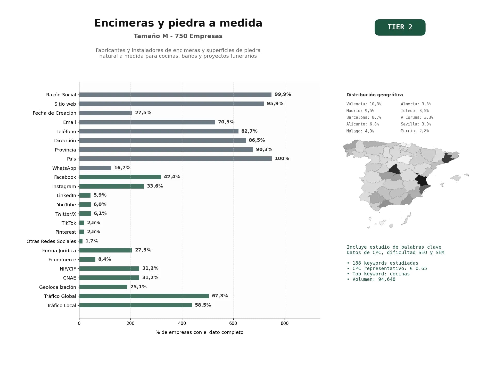 estudios de palabras clave, trafico web y datos de redes cosiales de Fabricantes y instaladores de encimeras y superficies de piedra natural a medida para cocinas, baños y proyectos funerarios