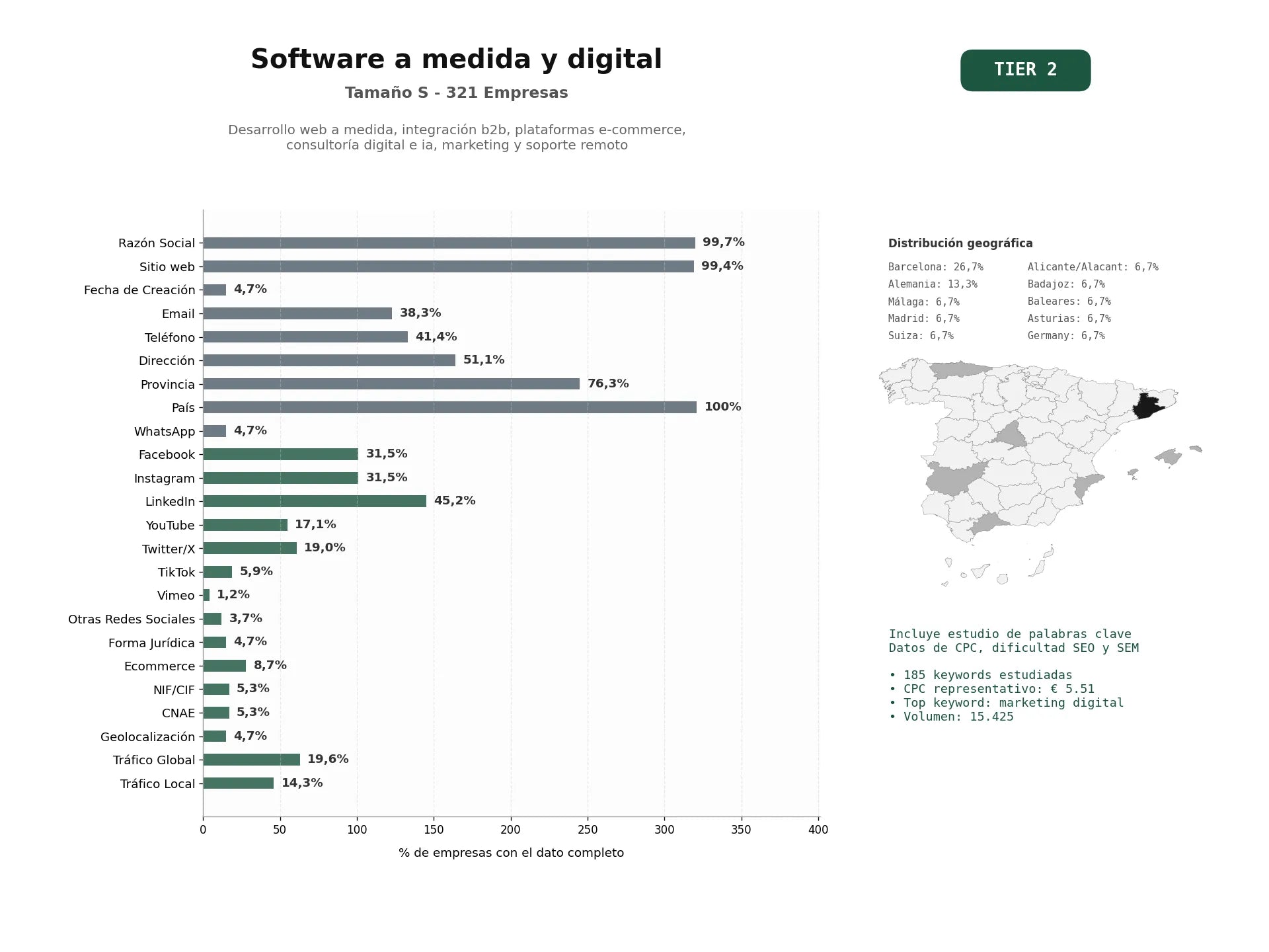 estudios de palabras clave, trafico web y datos de redes cosiales de Desarrollo web a medida, integración B2B, plataformas e‑commerce, consultoría digital e IA, marketing y soporte remoto
