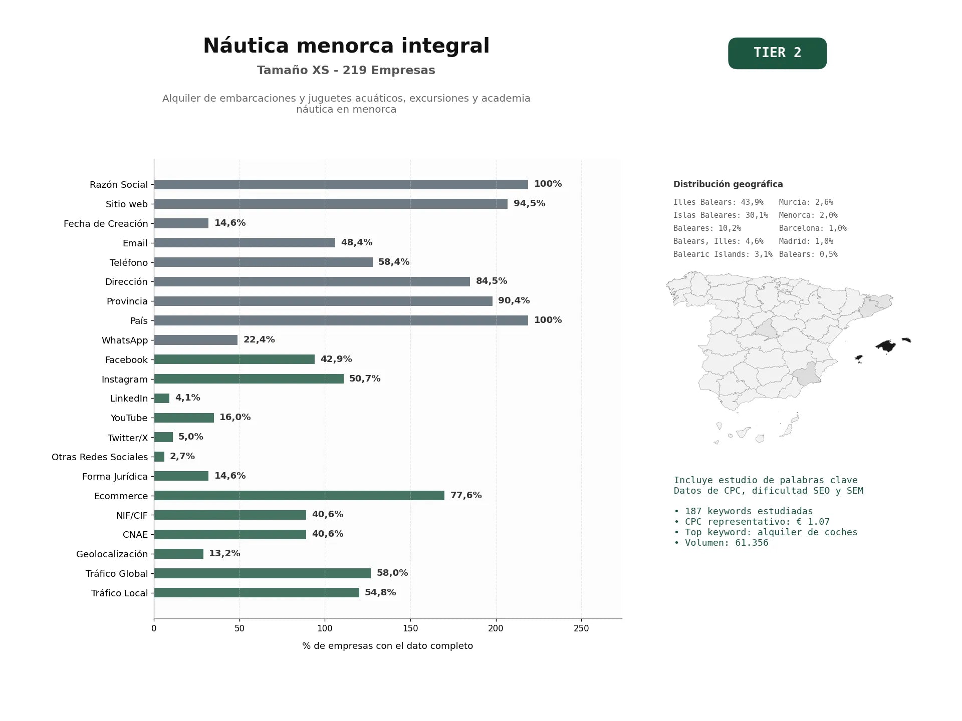 estudios de palabras clave, trafico web y datos de redes cosiales de Alquiler de embarcaciones y juguetes acuáticos, excursiones y academia náutica en Menorca