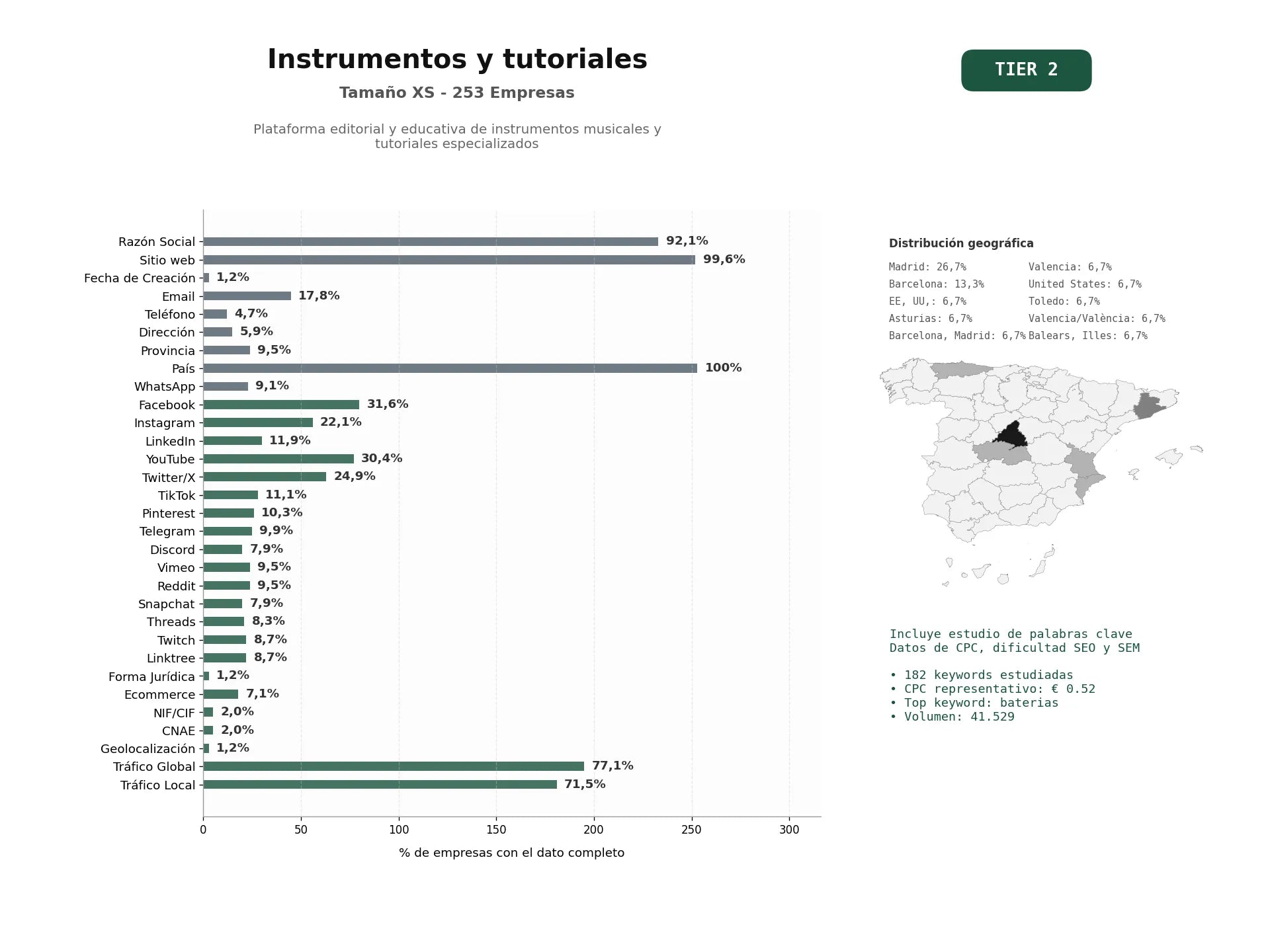 estudios de palabras clave, trafico web y datos de redes cosiales de Plataforma editorial y educativa de instrumentos musicales y tutoriales especializados