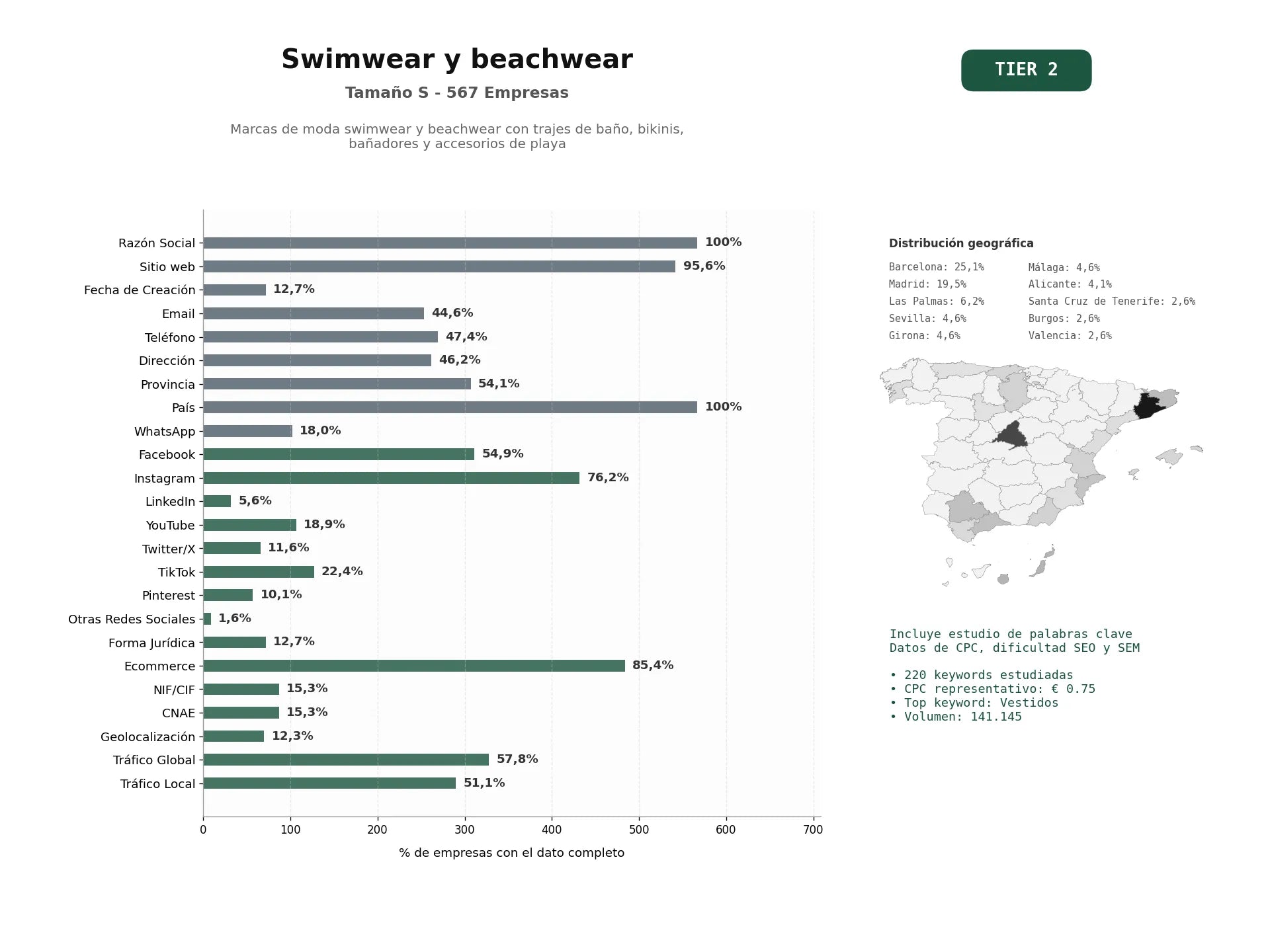 estudios de palabras clave, trafico web y datos de redes cosiales de Marcas de moda swimwear y beachwear con trajes de baño, bikinis, bañadores y accesorios de playa