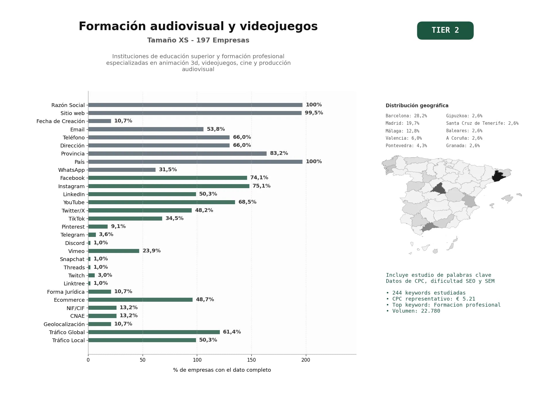 estudios de palabras clave, trafico web y datos de redes cosiales de Instituciones de educación superior y formación profesional especializadas en animación 3D, videojuegos, cine y producción audiovisual