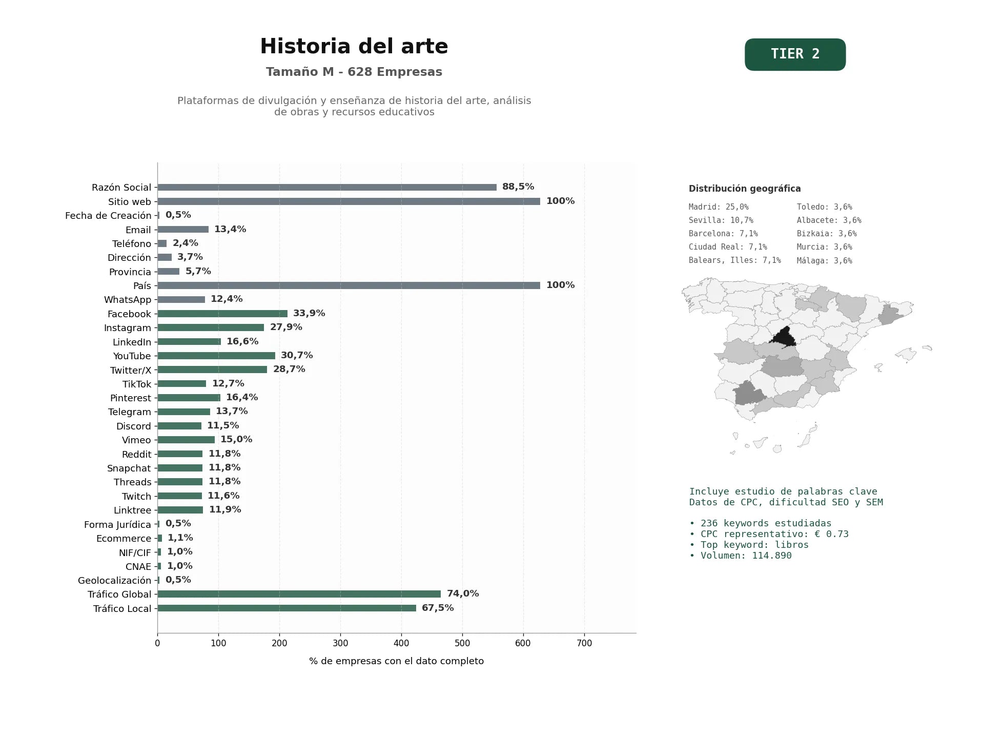 estudios de palabras clave, trafico web y datos de redes cosiales de Plataformas de divulgación y enseñanza de historia del arte, análisis de obras y recursos educativos