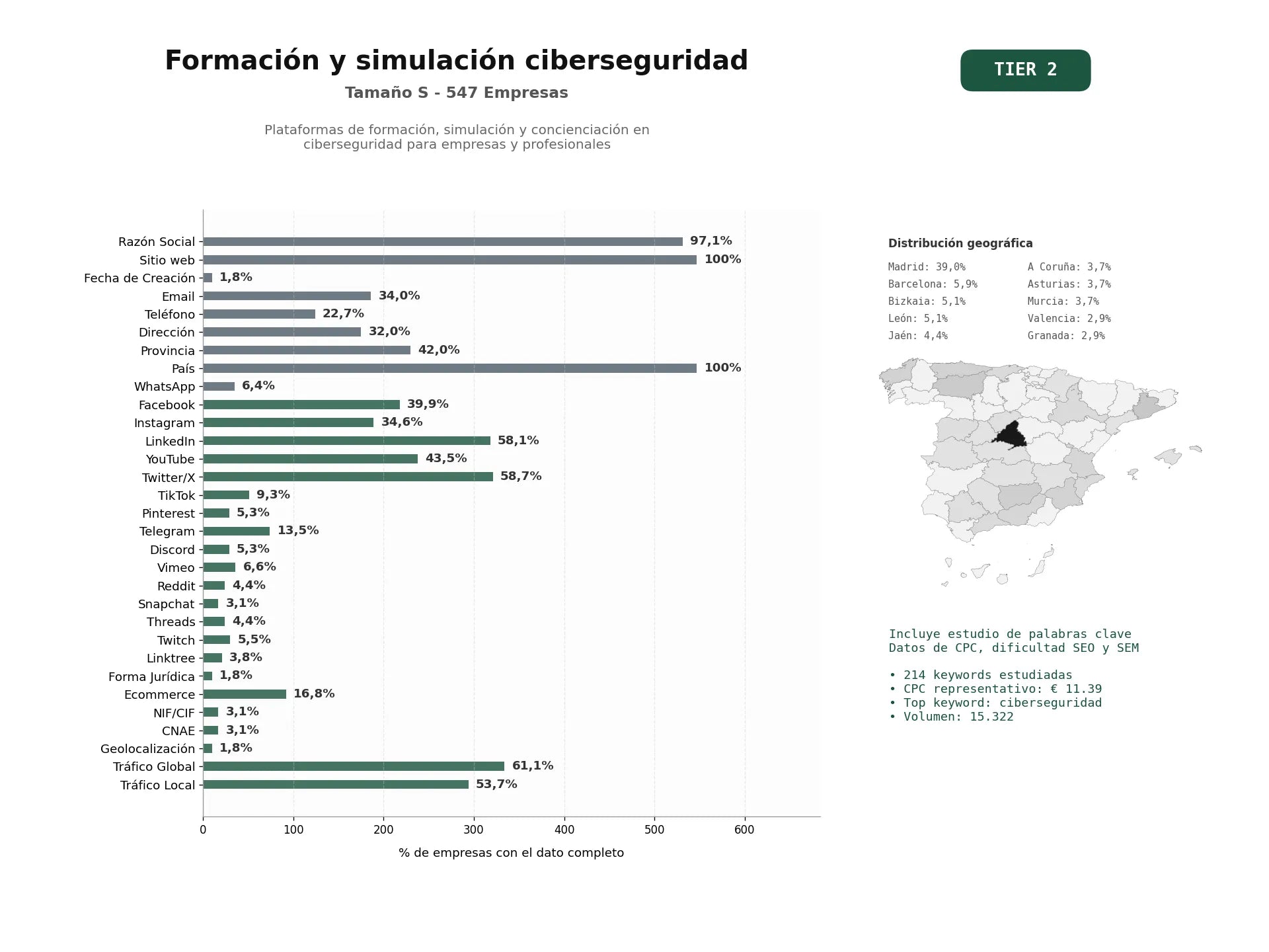 estudios de palabras clave, trafico web y datos de redes cosiales de Plataformas de formación, simulación y concienciación en ciberseguridad para empresas y profesionales