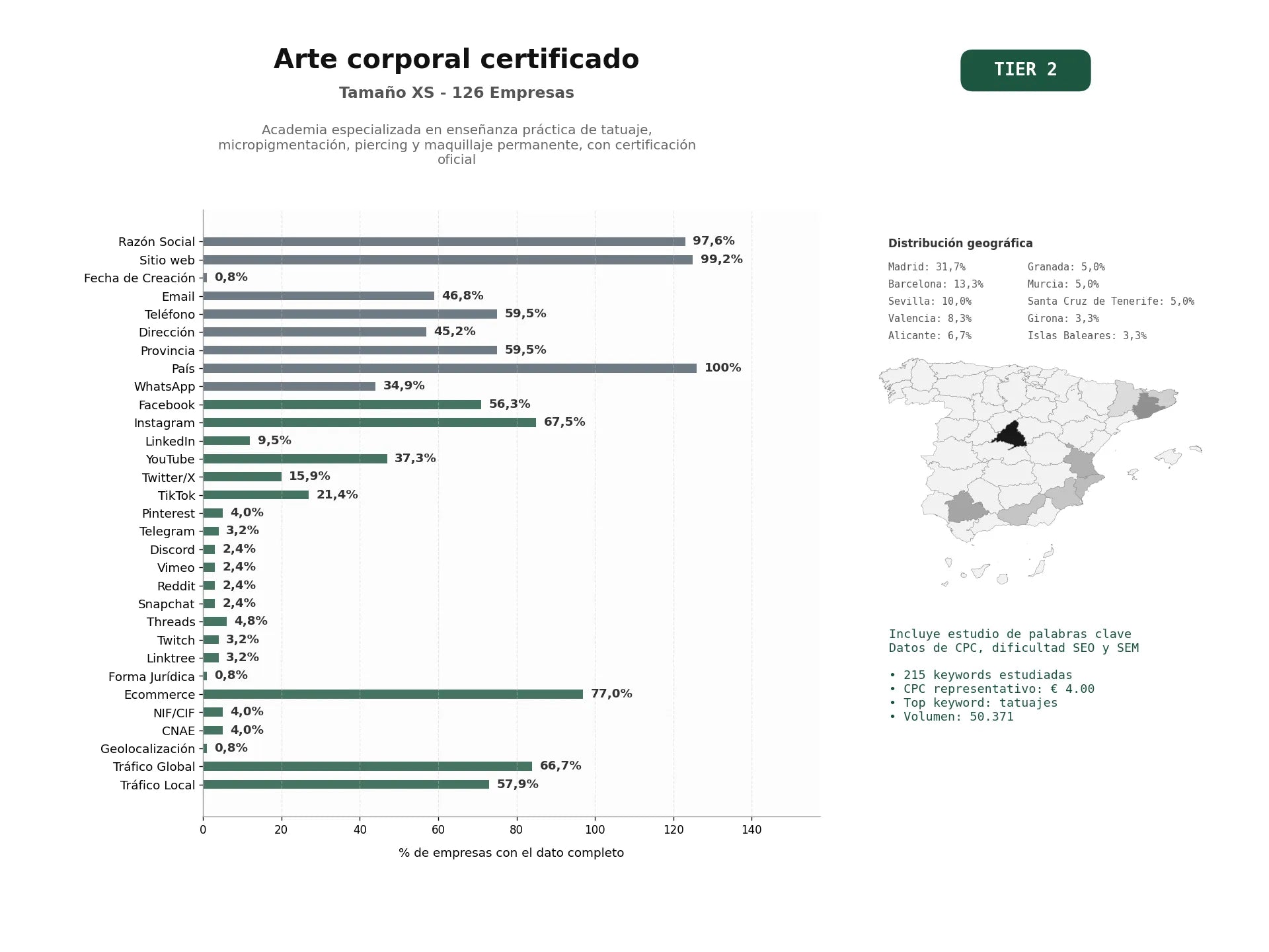 estudios de palabras clave, trafico web y datos de redes cosiales de Academia especializada en enseñanza práctica de tatuaje, micropigmentación, piercing y maquillaje permanente, con certificación oficial
