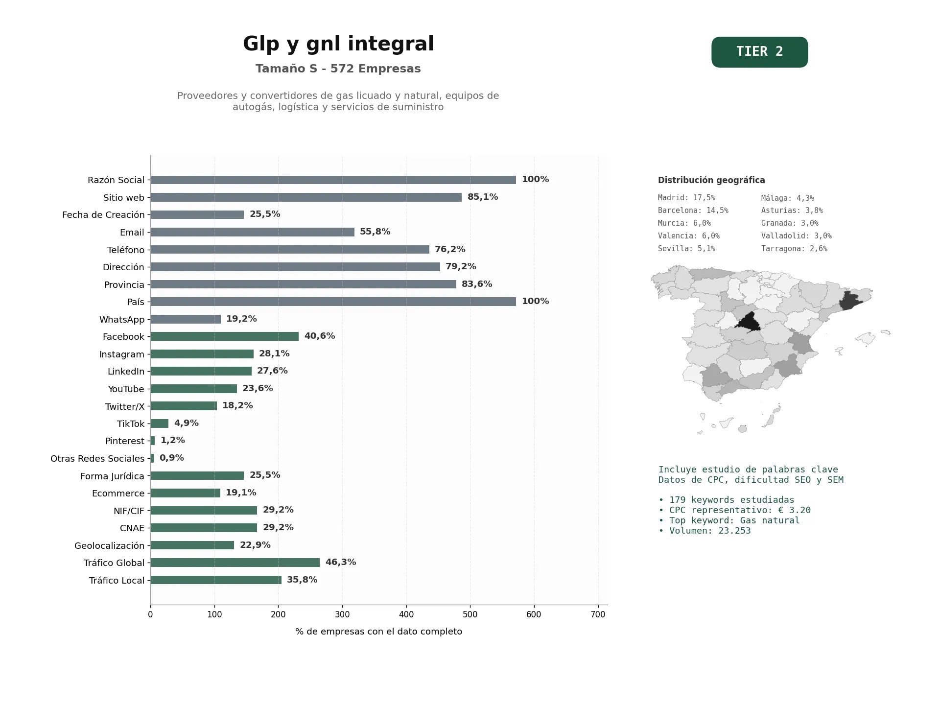 estudios de palabras clave, trafico web y datos de redes cosiales de Proveedores y convertidores de gas licuado y natural, equipos de autogás, logística y servicios de suministro
