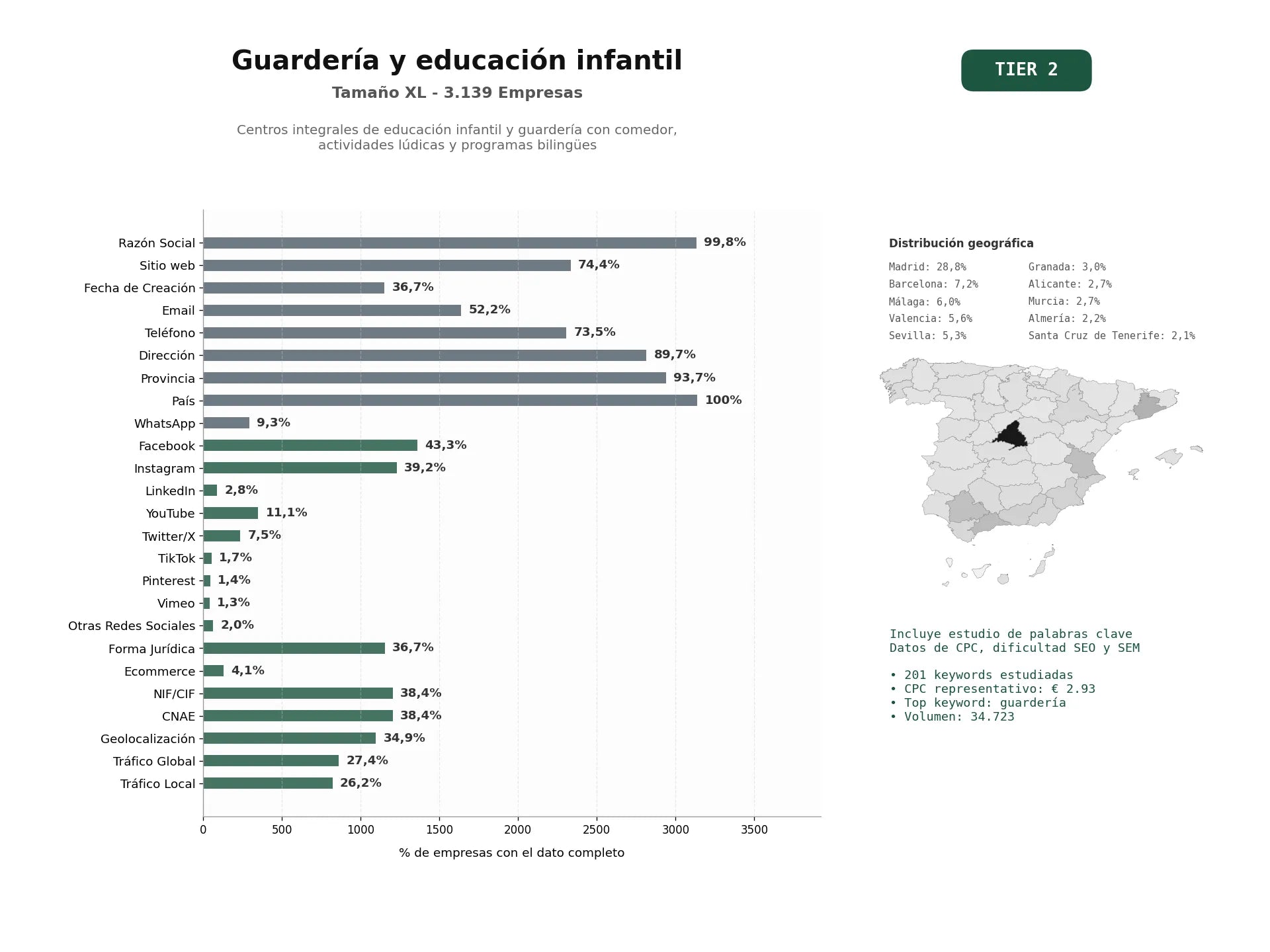 estudios de palabras clave, trafico web y datos de redes cosiales de Centros integrales de educación infantil y guardería con comedor, actividades lúdicas y programas bilingües