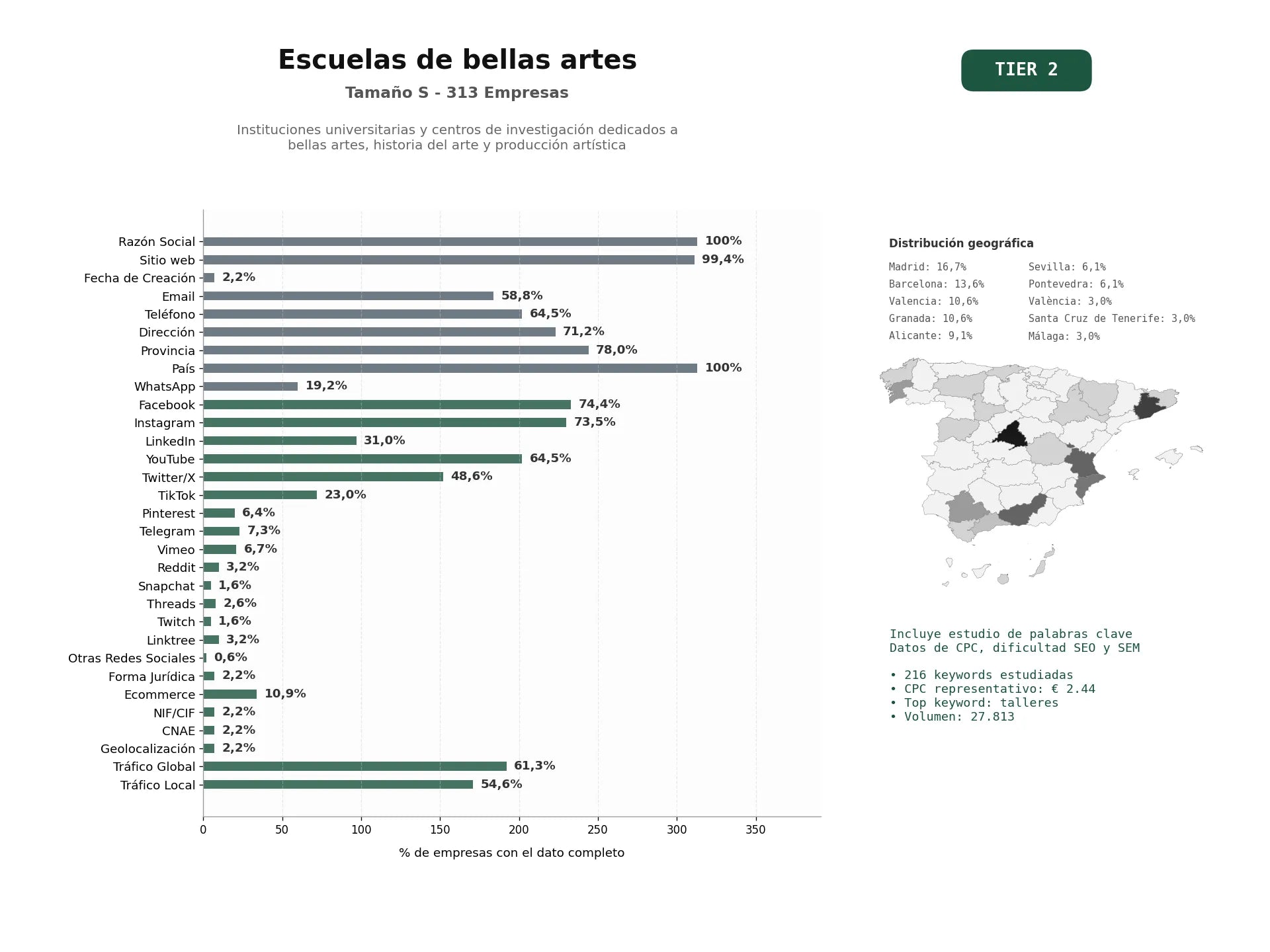 estudios de palabras clave, trafico web y datos de redes cosiales de Instituciones universitarias y centros de investigación dedicados a Bellas Artes, historia del arte y producción artística