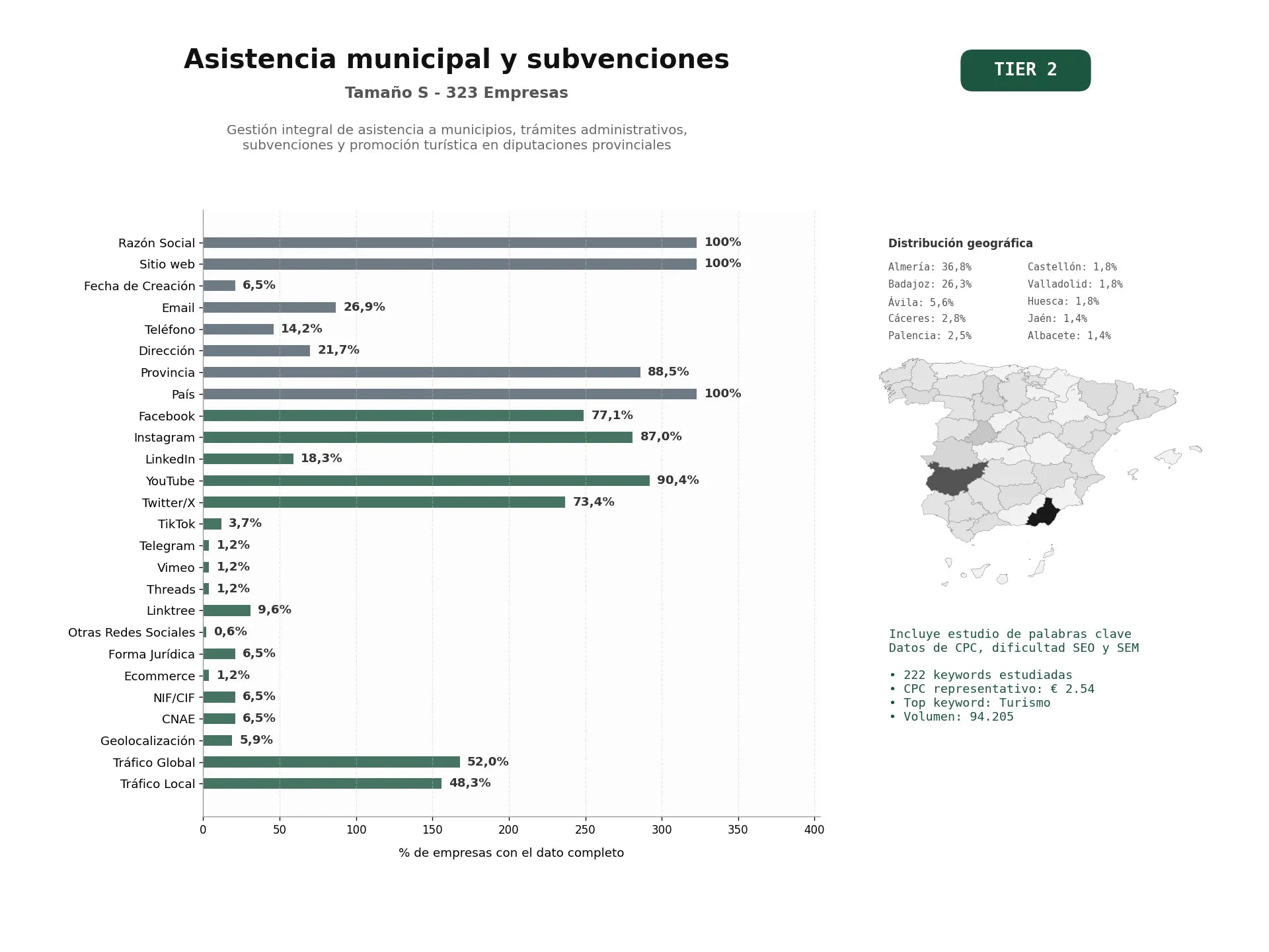 estudios de palabras clave, trafico web y datos de redes cosiales de Gestión integral de asistencia a municipios, trámites administrativos, subvenciones y promoción turística en diputaciones provinciales
