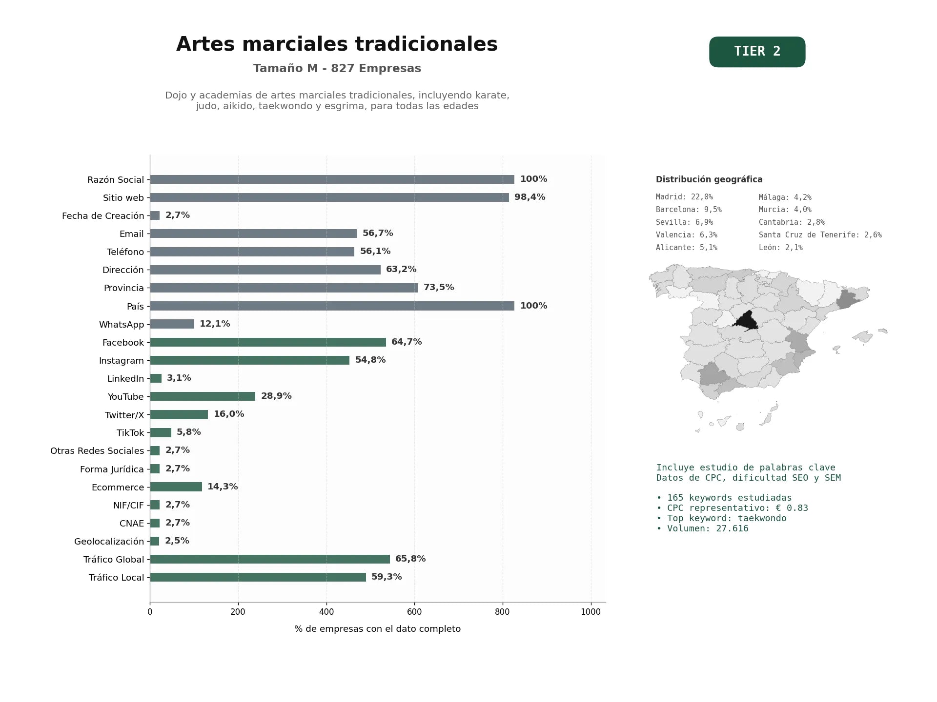 estudios de palabras clave, trafico web y datos de redes cosiales de Dojo y academias de artes marciales tradicionales, incluyendo karate, judo, aikido, taekwondo y esgrima, para todas las edades