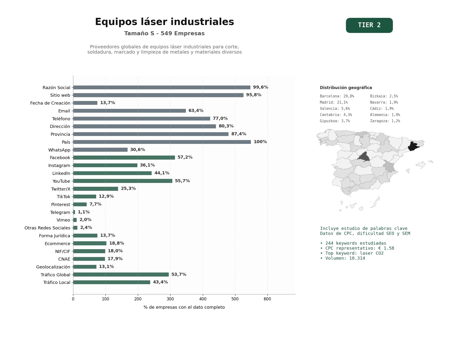 estudios de palabras clave, trafico web y datos de redes cosiales de Proveedores globales de equipos láser industriales para corte, soldadura, marcado y limpieza de metales y materiales diversos