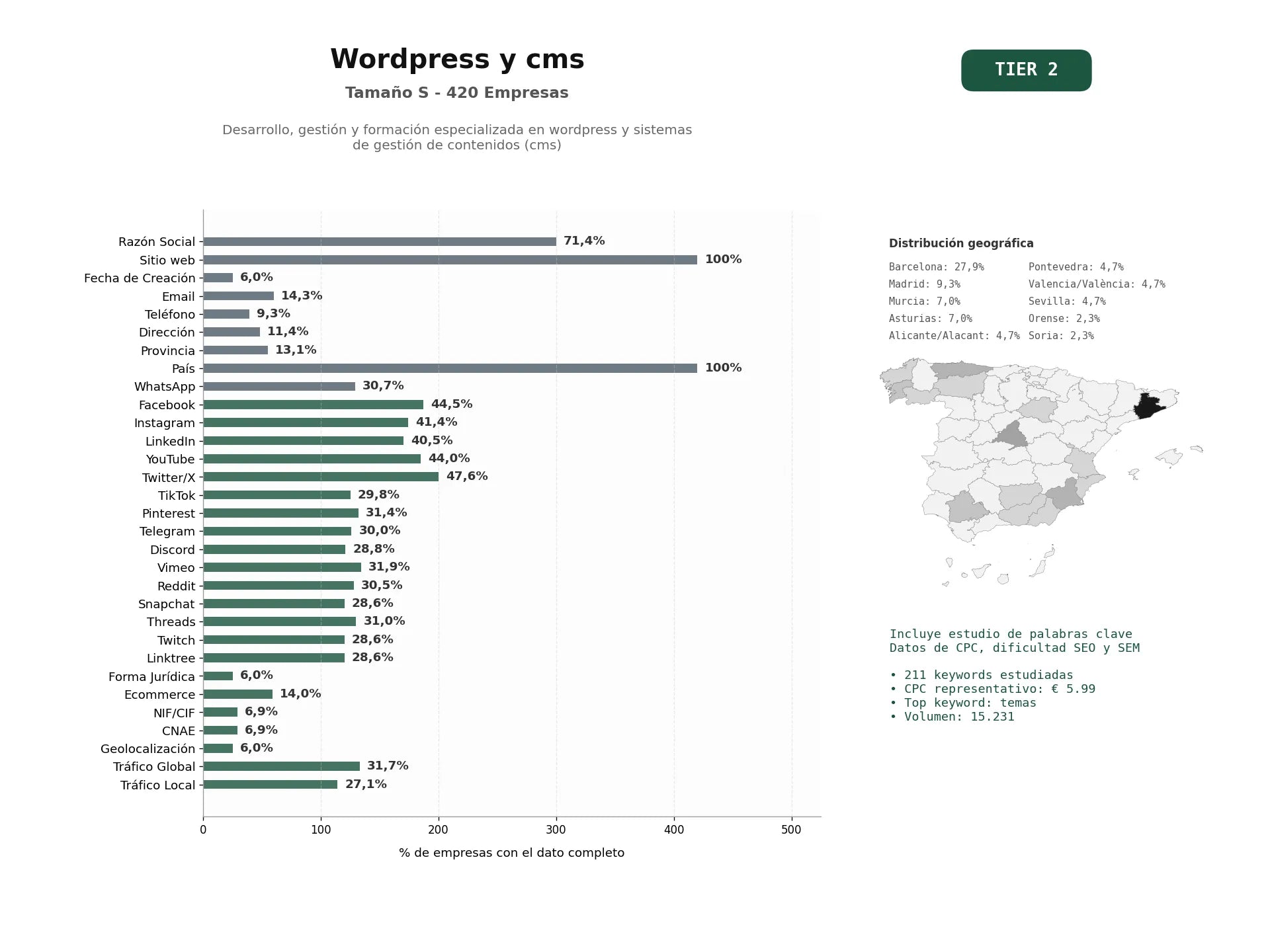 estudios de palabras clave, trafico web y datos de redes cosiales de Desarrollo, gestión y formación especializada en WordPress y sistemas de gestión de contenidos (CMS)
