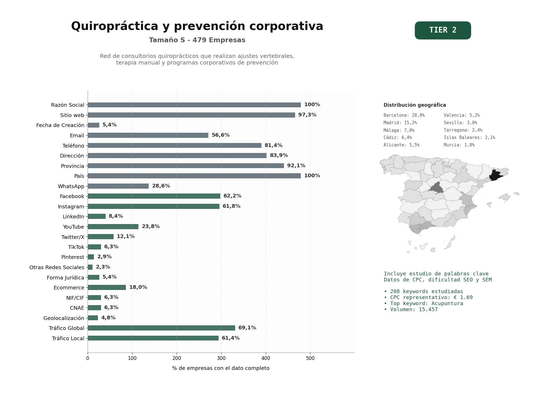 estudios de palabras clave, trafico web y datos de redes cosiales de Red de consultorios quiroprácticos que realizan ajustes vertebrales, terapia manual y programas corporativos de prevención