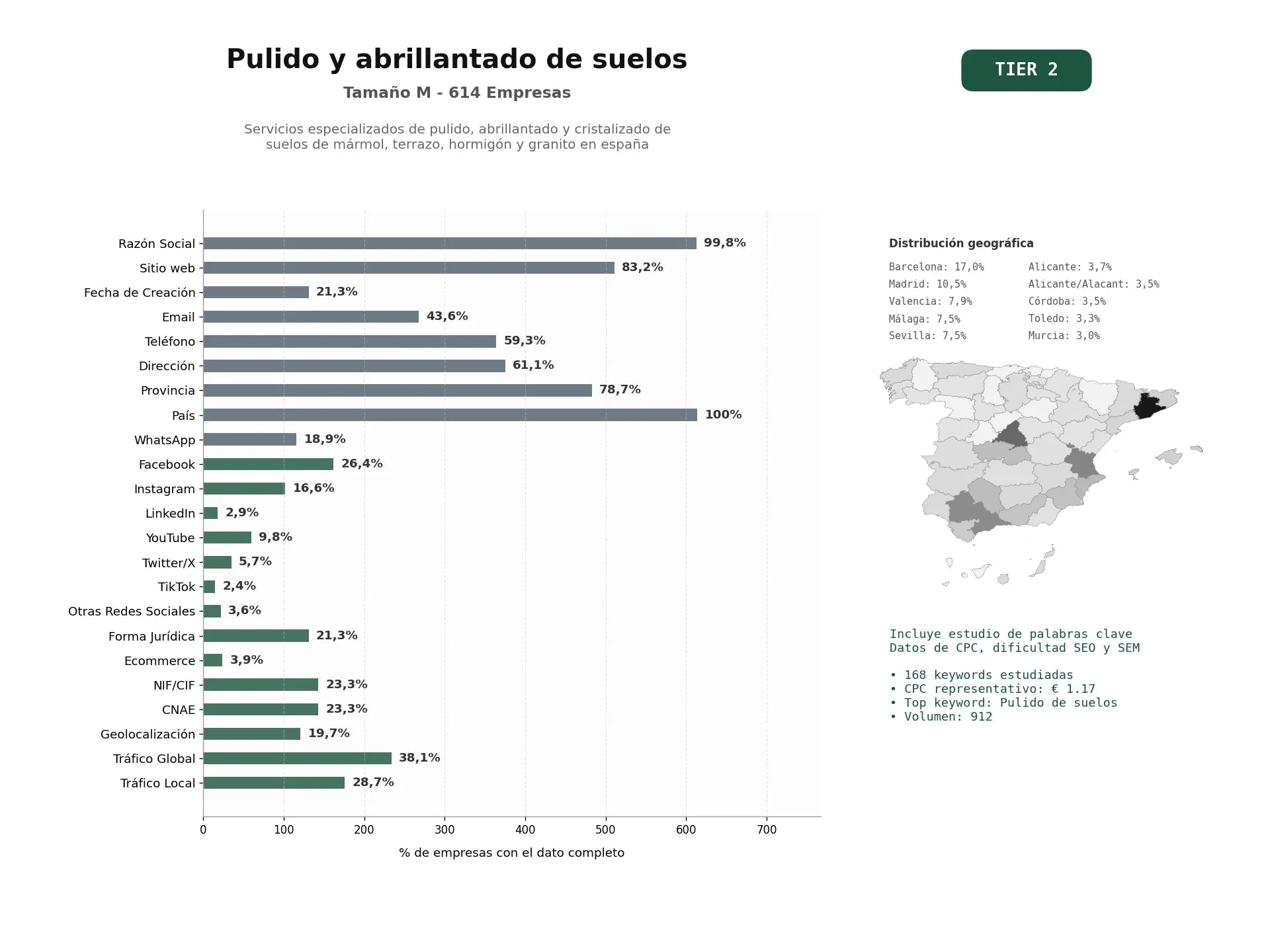 estudios de palabras clave, trafico web y datos de redes cosiales de Servicios especializados de pulido, abrillantado y cristalizado de suelos de mármol, terrazo, hormigón y granito en España