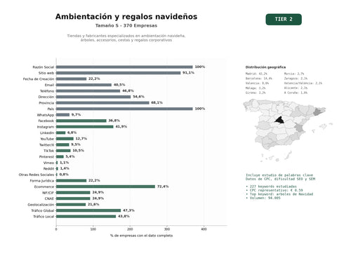 estudios de palabras clave, trafico web y datos de redes cosiales de Tiendas y fabricantes especializados en ambientación navideña, árboles, accesorios, cestas y regalos corporativos