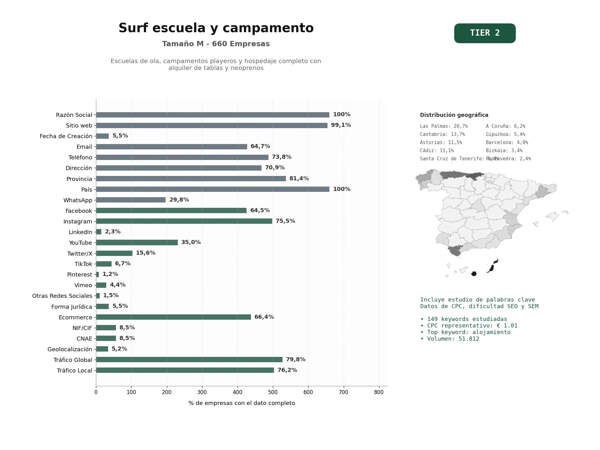 estudios de palabras clave, trafico web y datos de redes cosiales de Escuelas de ola, campamentos playeros y hospedaje completo con alquiler de tablas y neoprenos