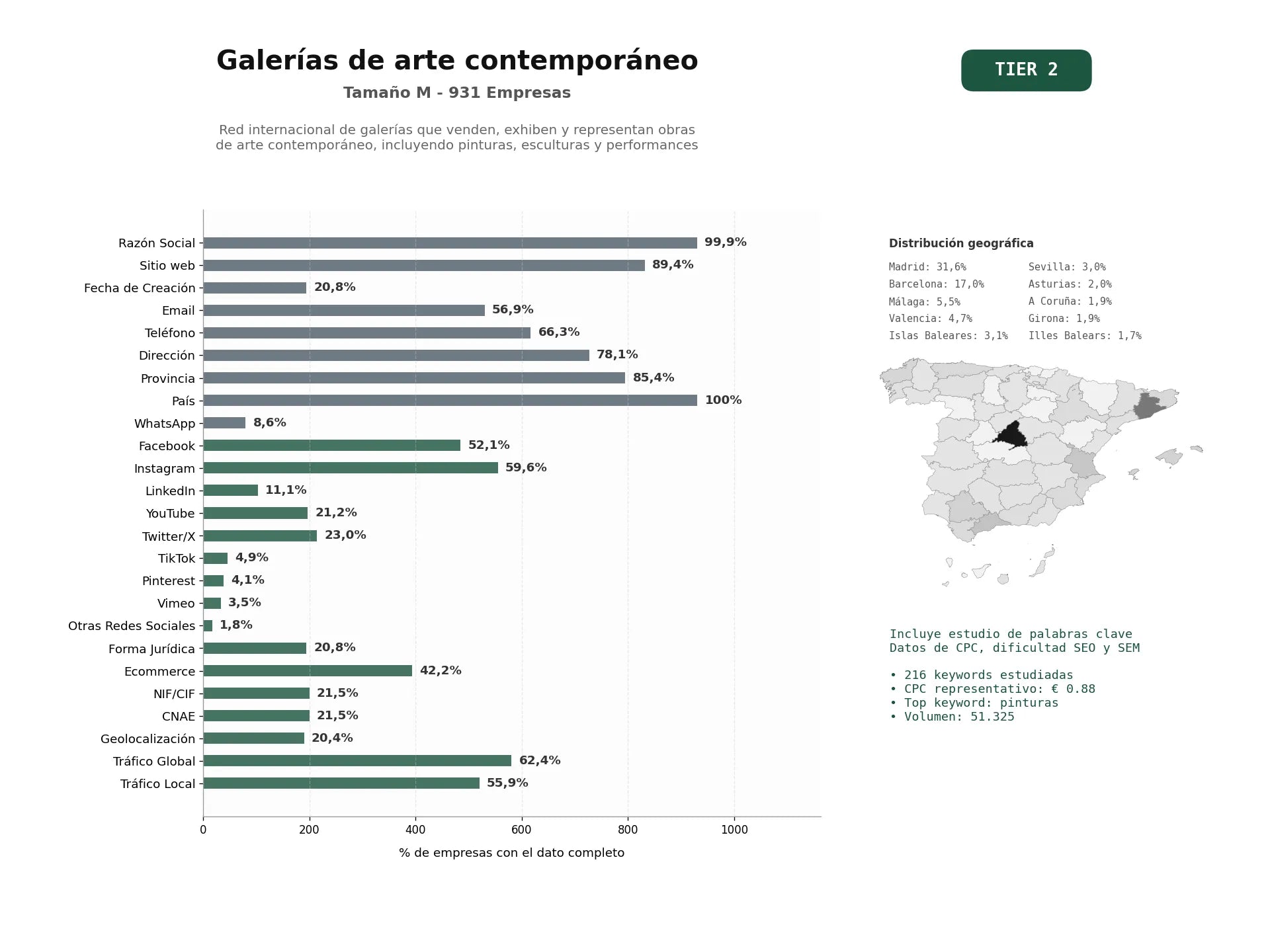 estudios de palabras clave, trafico web y datos de redes cosiales de Red internacional de galerías que venden, exhiben y representan obras de arte contemporáneo, incluyendo pinturas, esculturas y performances