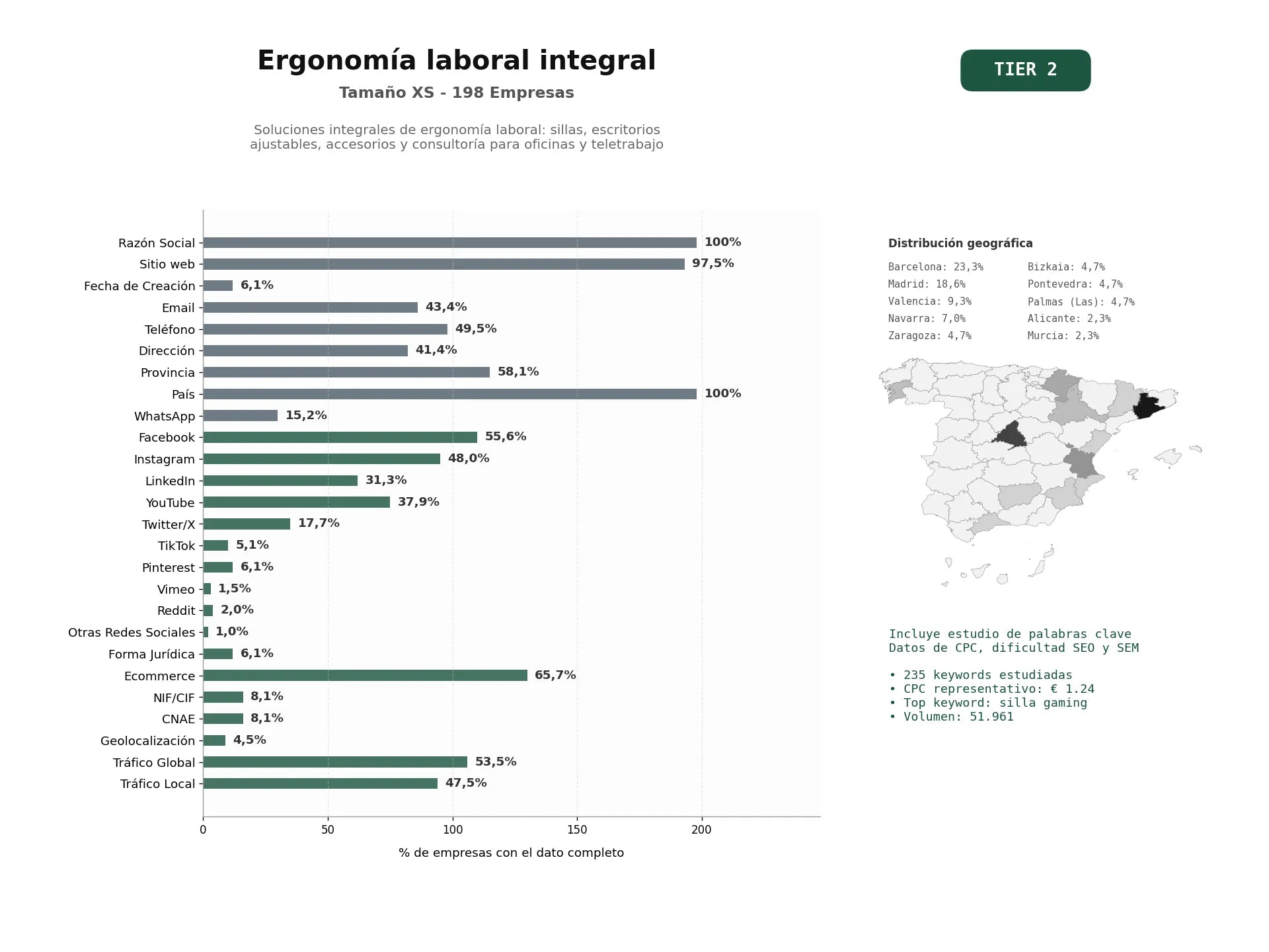 estudios de palabras clave, trafico web y datos de redes cosiales de Soluciones integrales de ergonomía laboral: sillas, escritorios ajustables, accesorios y consultoría para oficinas y teletrabajo