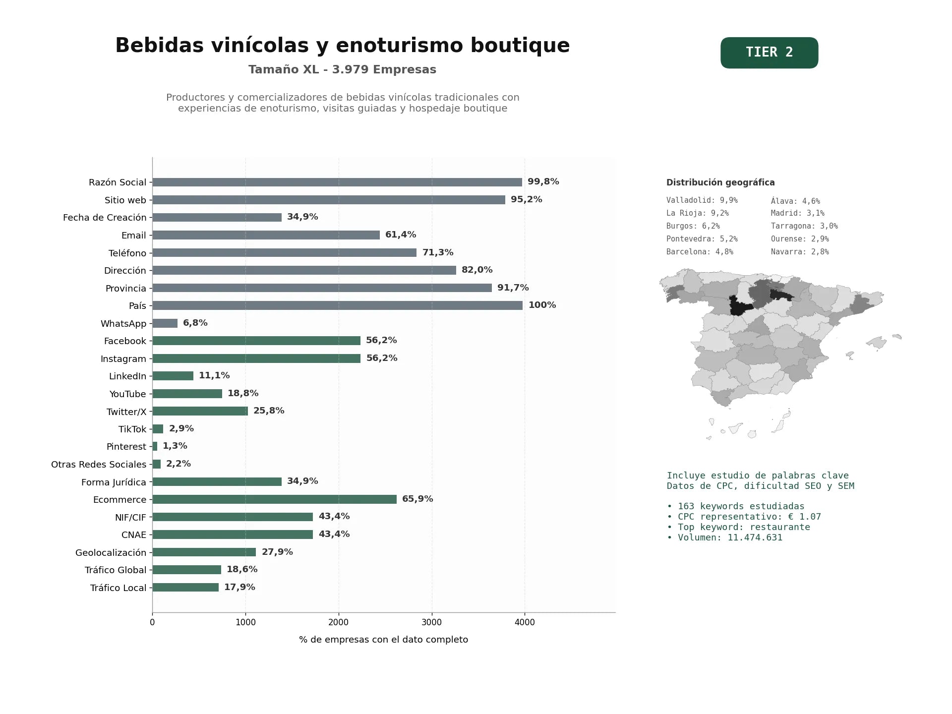 estudios de palabras clave, trafico web y datos de redes cosiales de Productores y comercializadores de bebidas vinícolas tradicionales con experiencias de enoturismo, visitas guiadas y hospedaje boutique