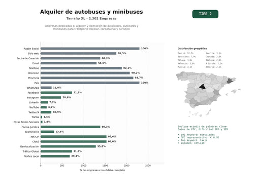 estudios de palabras clave, trafico web y datos de redes cosiales de Empresas dedicadas al alquiler y operación de autobuses, autocares y minibuses para transporte escolar, corporativo y turístico