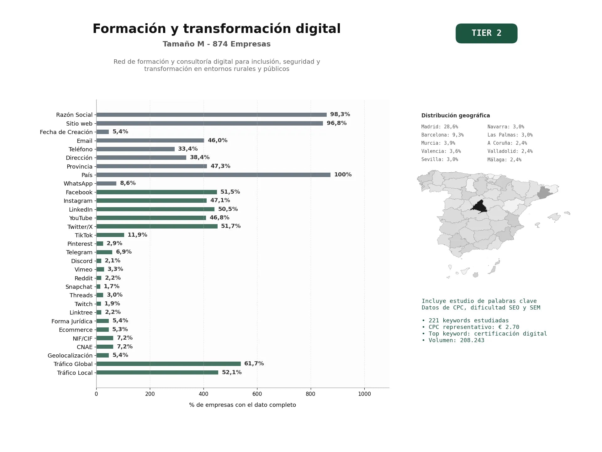estudios de palabras clave, trafico web y datos de redes cosiales de Red de formación y consultoría digital para inclusión, seguridad y transformación en entornos rurales y públicos