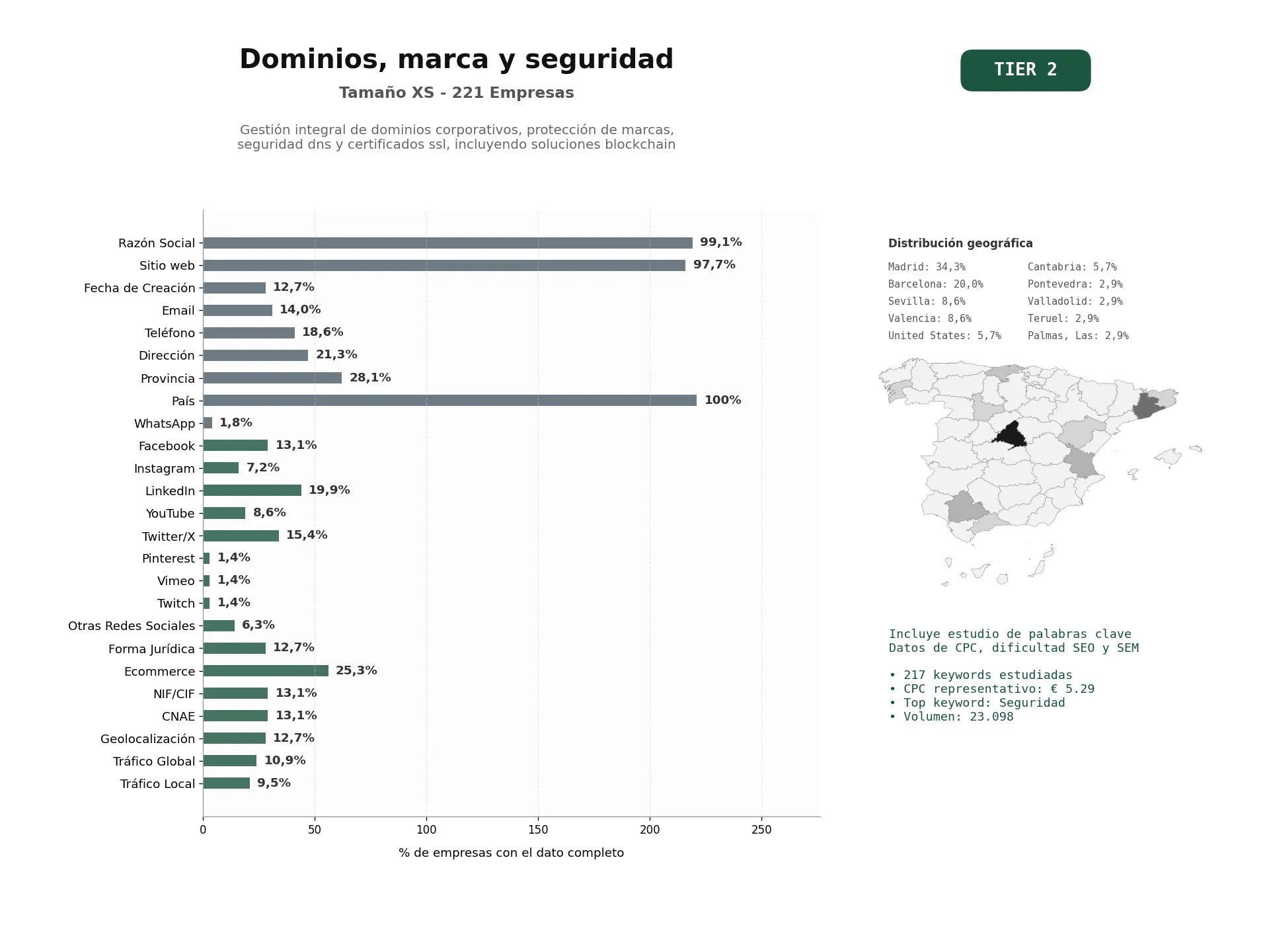 estudios de palabras clave, trafico web y datos de redes cosiales de Gestión integral de dominios corporativos, protección de marcas, seguridad DNS y certificados SSL, incluyendo soluciones blockchain