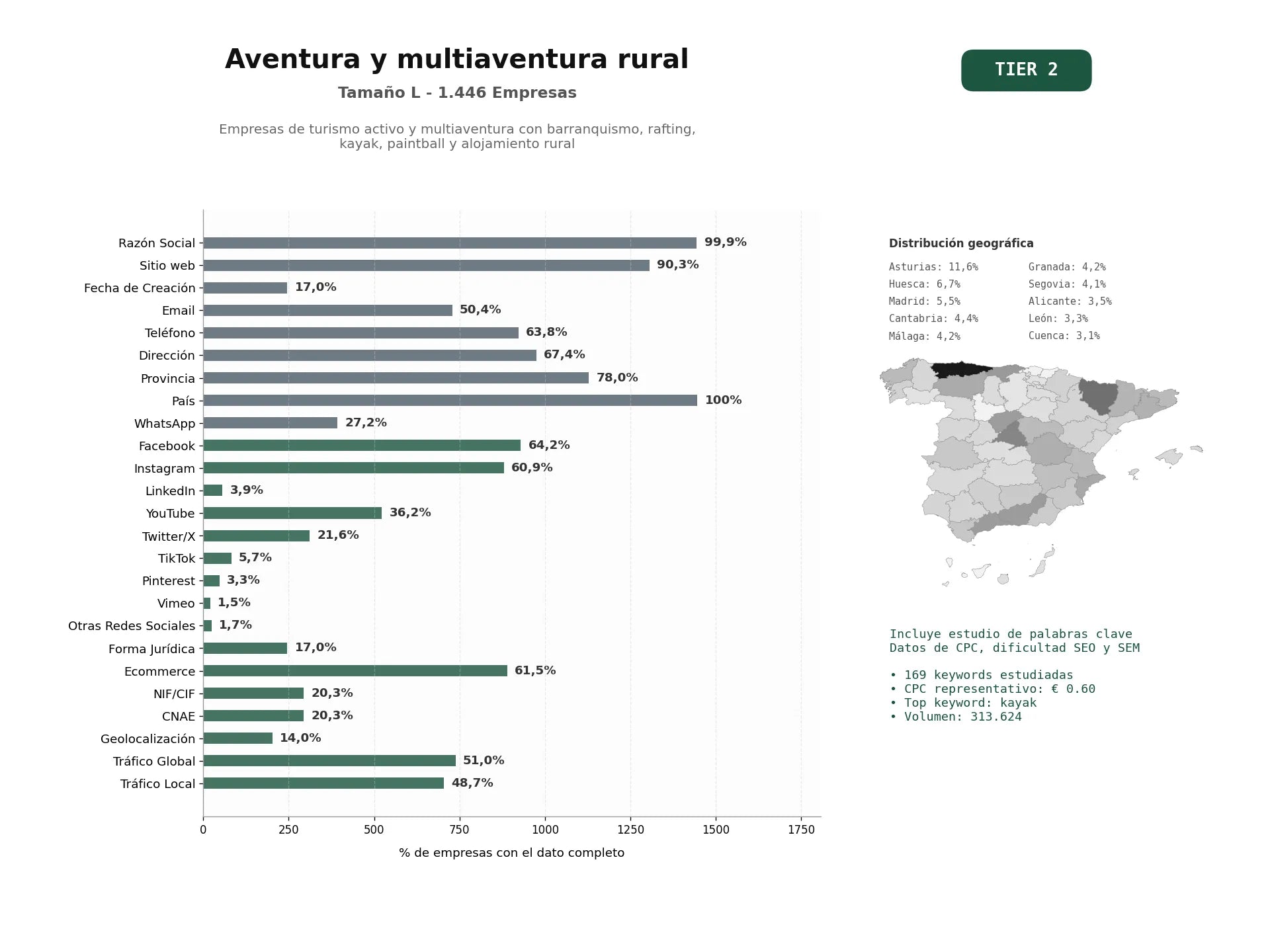 estudios de palabras clave, trafico web y datos de redes cosiales de Empresas de turismo activo y multiaventura con barranquismo, rafting, kayak, paintball y alojamiento rural
