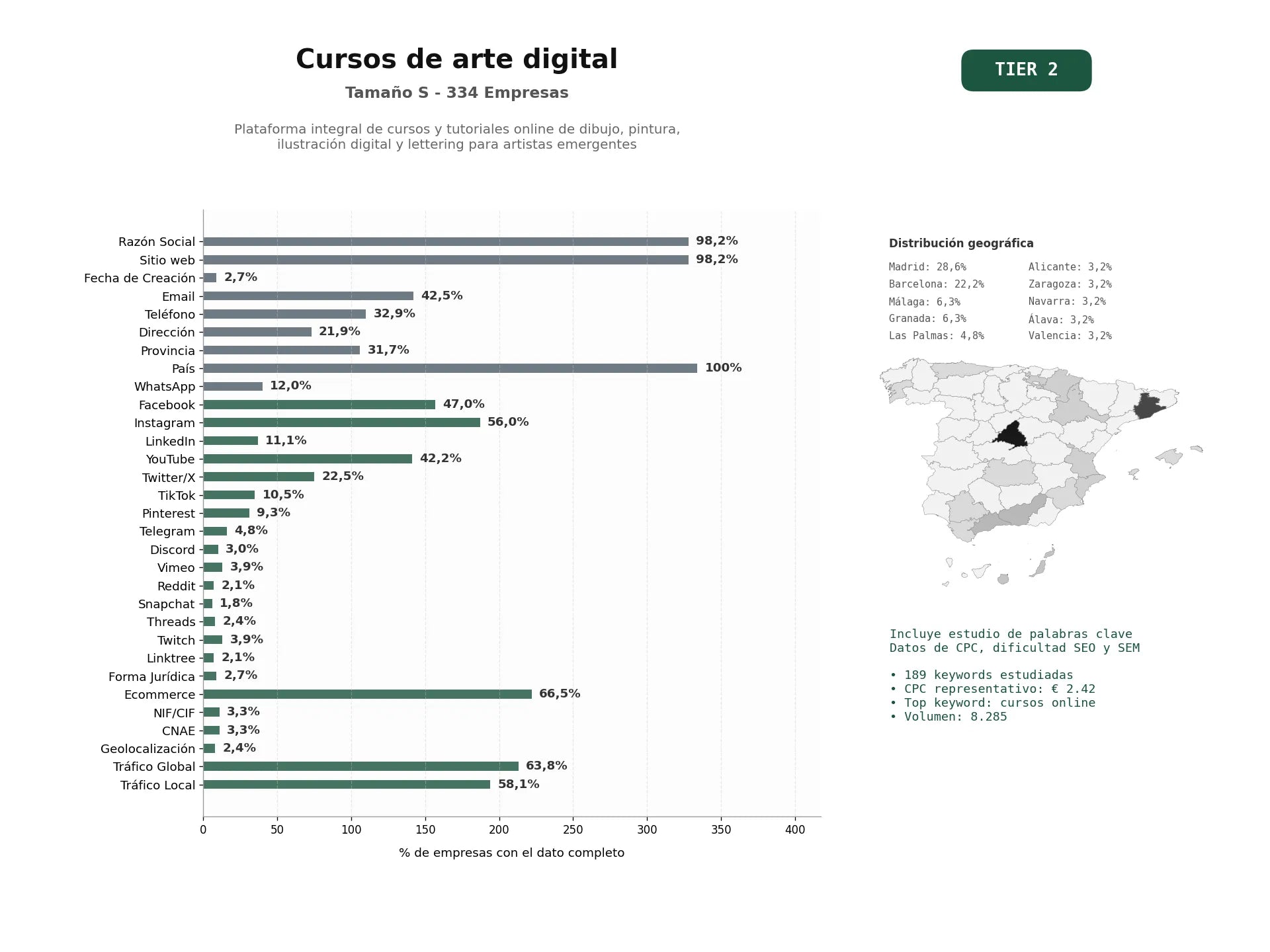 estudios de palabras clave, trafico web y datos de redes cosiales de Plataforma integral de cursos y tutoriales online de dibujo, pintura, ilustración digital y lettering para artistas emergentes