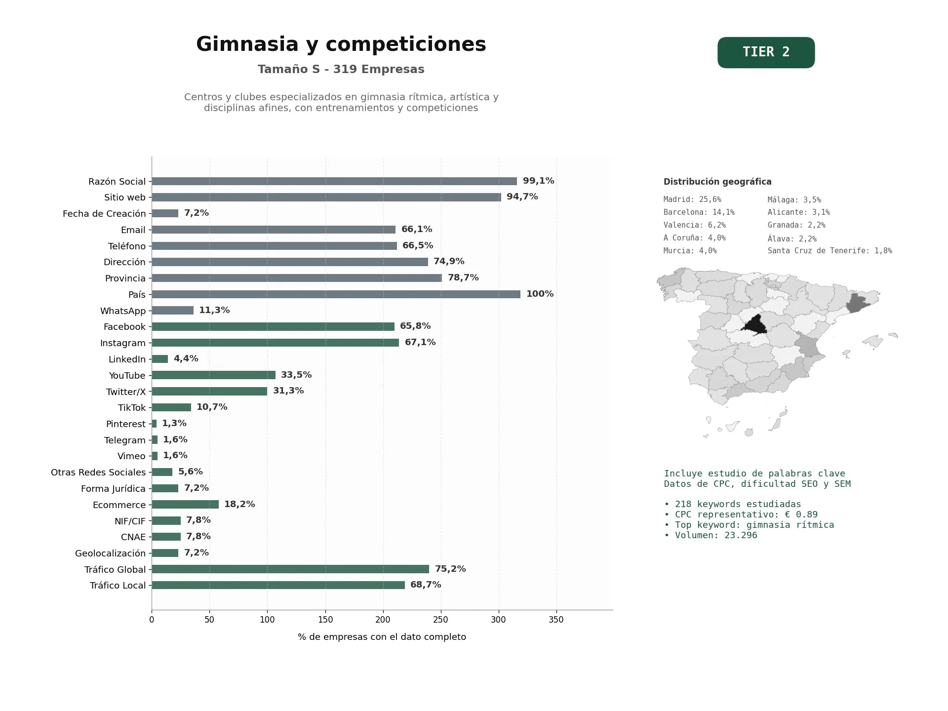 estudios de palabras clave, trafico web y datos de redes cosiales de Centros y clubes especializados en gimnasia rítmica, artística y disciplinas afines, con entrenamientos y competiciones