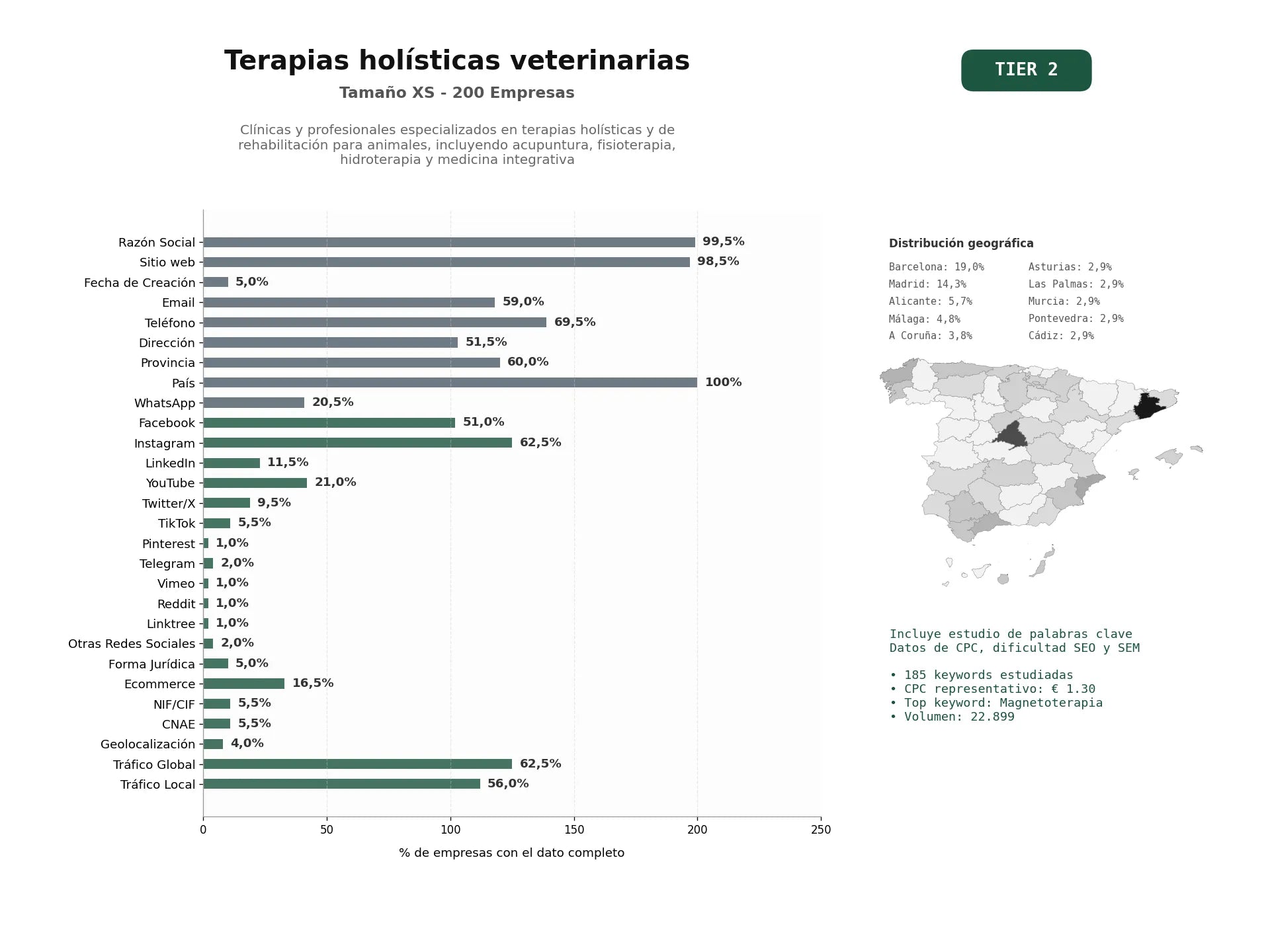 estudios de palabras clave, trafico web y datos de redes cosiales de Clínicas y profesionales especializados en terapias holísticas y de rehabilitación para animales, incluyendo acupuntura, fisioterapia, hidroterapia y medicina integrativa