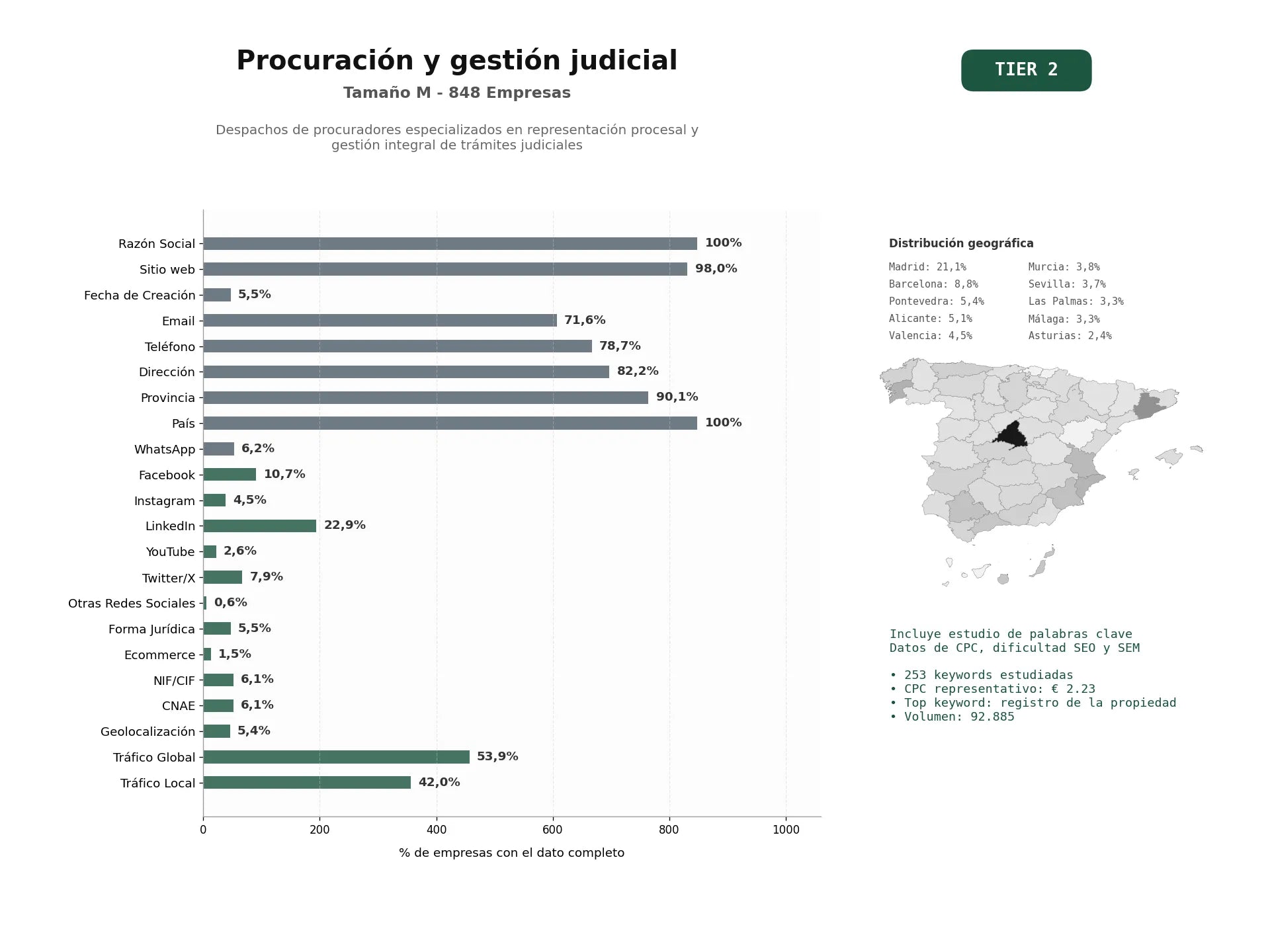 estudios de palabras clave, trafico web y datos de redes cosiales de Despachos de procuradores especializados en representación procesal y gestión integral de trámites judiciales