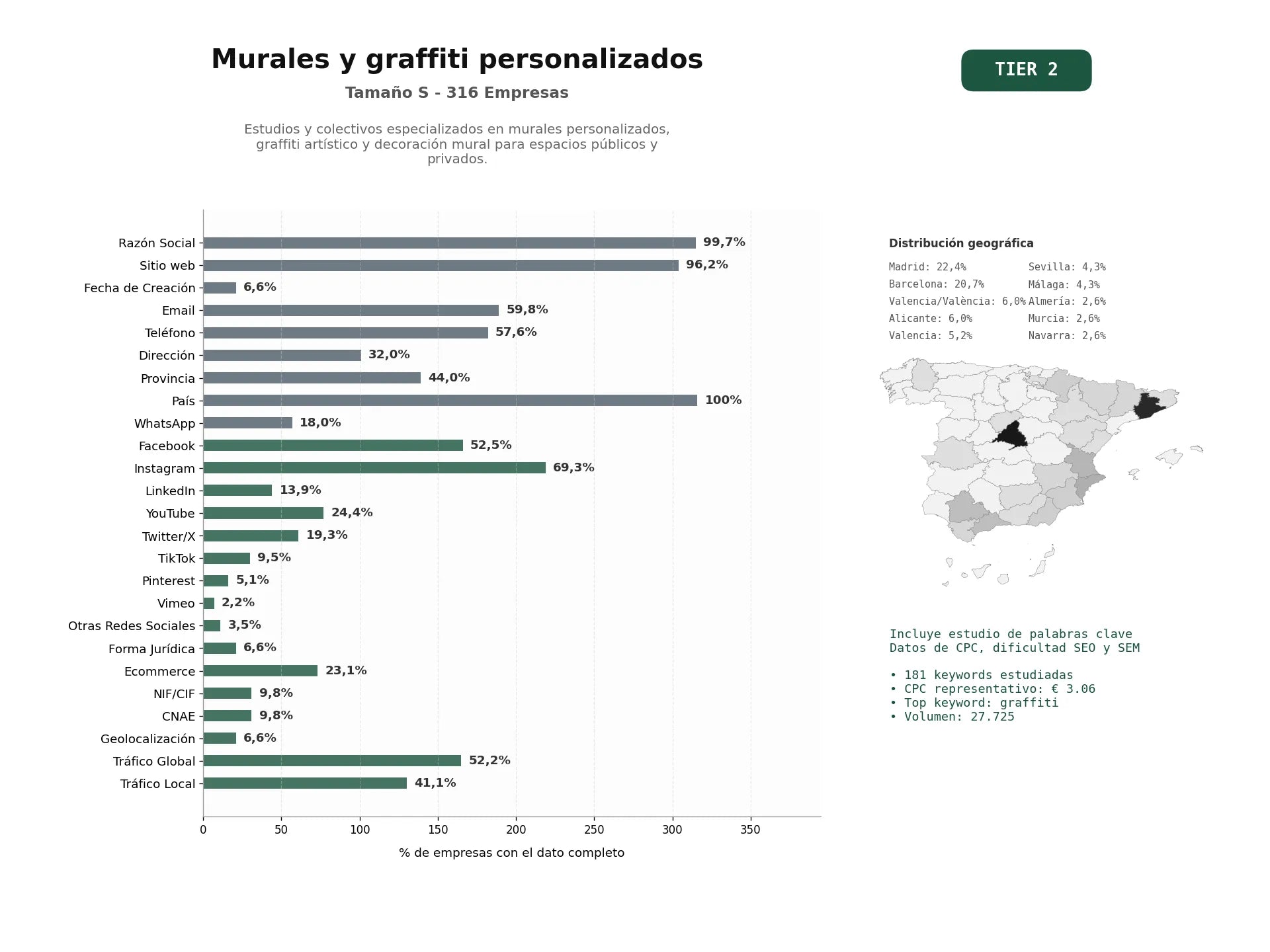 estudios de palabras clave, trafico web y datos de redes cosiales de Estudios y colectivos especializados en murales personalizados, graffiti artístico y decoración mural para espacios públicos y privados.