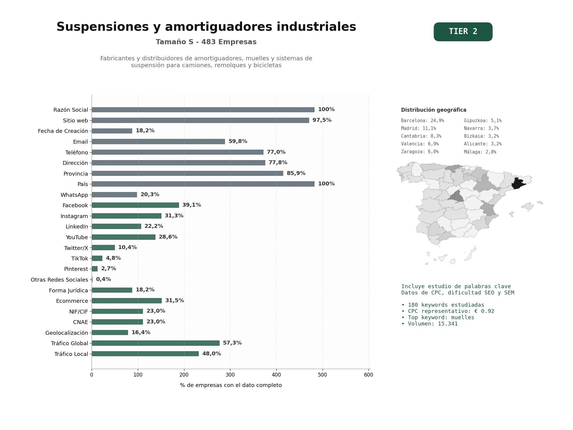 estudios de palabras clave, trafico web y datos de redes cosiales de Fabricantes y distribuidores de amortiguadores, muelles y sistemas de suspensión para camiones, remolques y bicicletas