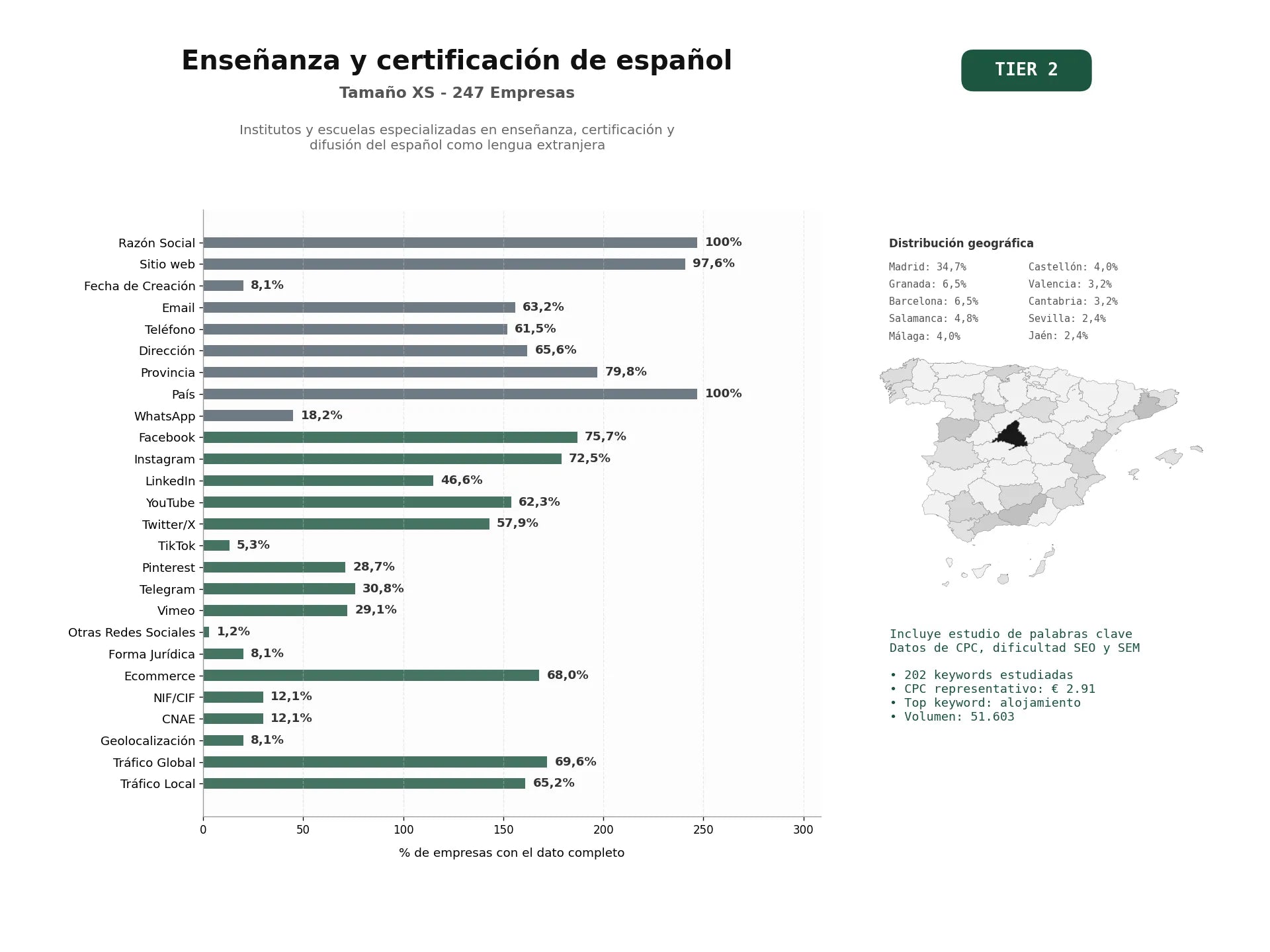 estudios de palabras clave, trafico web y datos de redes cosiales de Institutos y escuelas especializadas en enseñanza, certificación y difusión del español como lengua extranjera