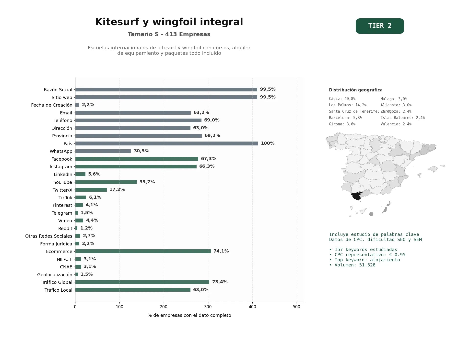 estudios de palabras clave, trafico web y datos de redes cosiales de Escuelas internacionales de kitesurf y wingfoil con cursos, alquiler de equipamiento y paquetes todo incluido