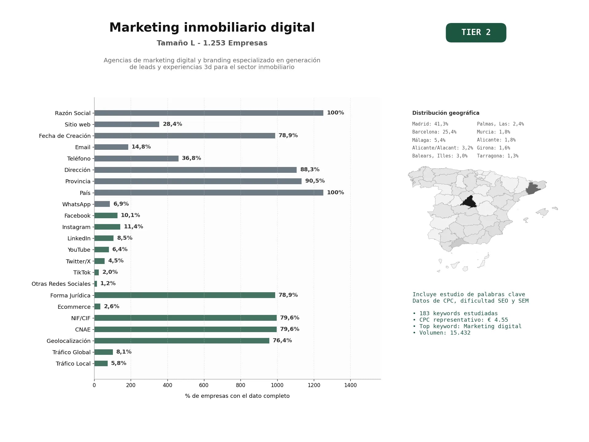 estudios de palabras clave, trafico web y datos de redes cosiales de Agencias de marketing digital y branding especializado en generación de leads y experiencias 3D para el sector inmobiliario
