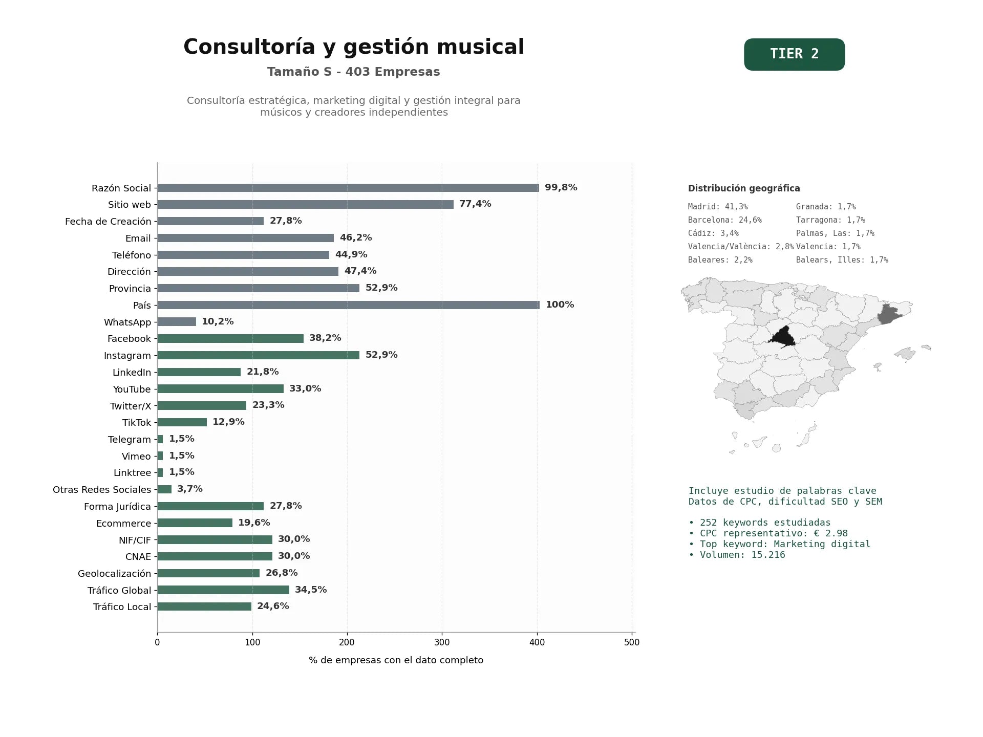 estudios de palabras clave, trafico web y datos de redes cosiales de Consultoría estratégica, marketing digital y gestión integral para músicos y creadores independientes