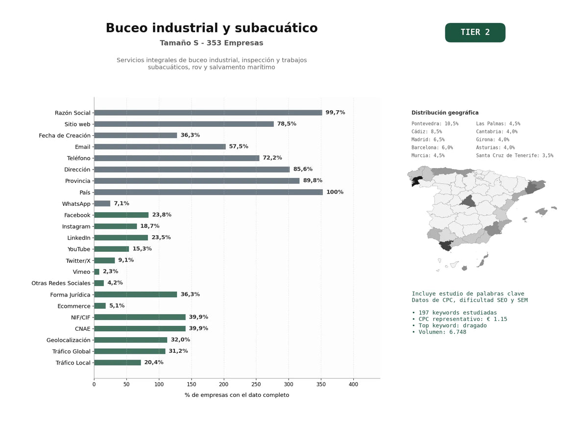 estudios de palabras clave, trafico web y datos de redes cosiales de Servicios integrales de buceo industrial, inspección y trabajos subacuáticos, ROV y salvamento marítimo