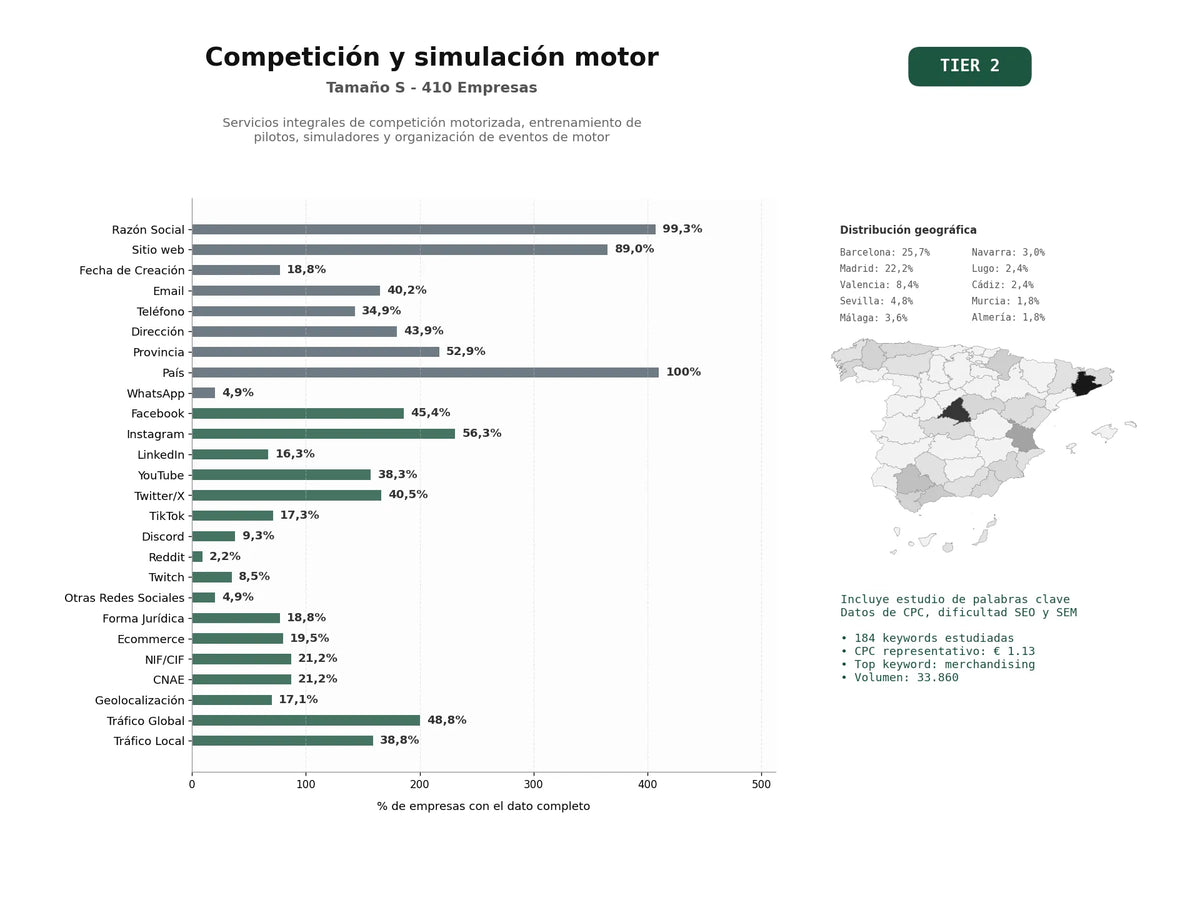 estudios de palabras clave, trafico web y datos de redes cosiales de Servicios integrales de competición motorizada, entrenamiento de pilotos, simuladores y organización de eventos de motor