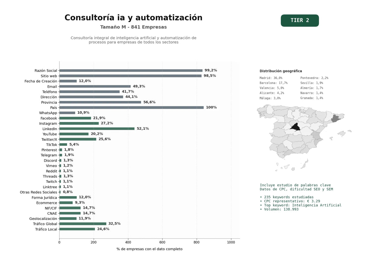 estudios de palabras clave, trafico web y datos de redes cosiales de Consultoría integral de inteligencia artificial y automatización de procesos para empresas de todos los sectores