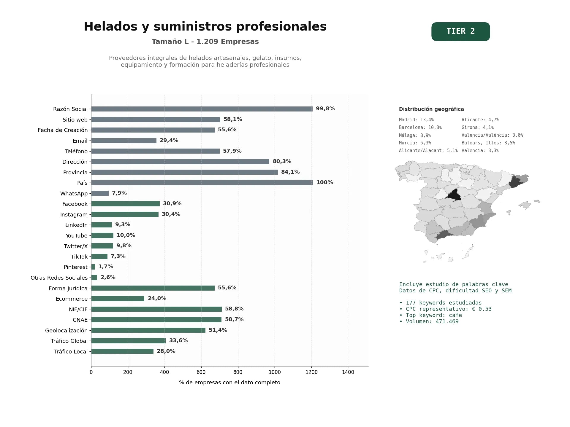 estudios de palabras clave, trafico web y datos de redes cosiales de Proveedores integrales de helados artesanales, gelato, insumos, equipamiento y formación para heladerías profesionales