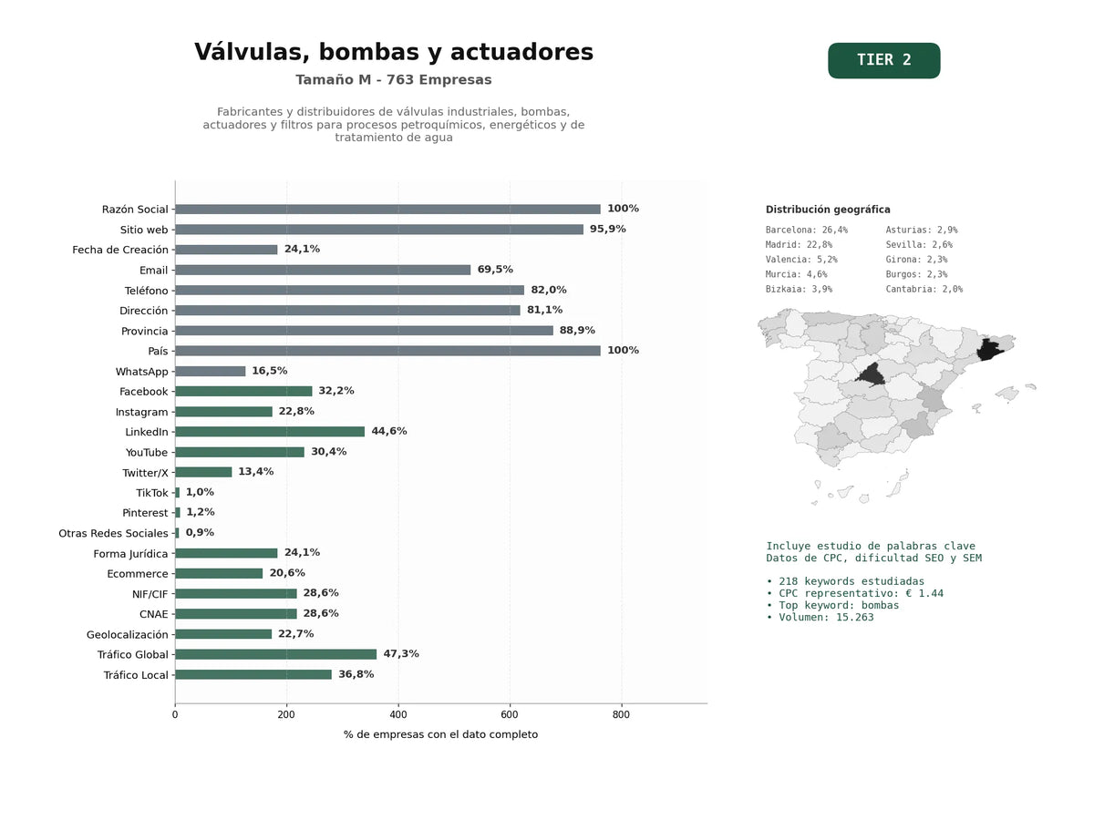 estudios de palabras clave, trafico web y datos de redes cosiales de Fabricantes y distribuidores de válvulas industriales, bombas, actuadores y filtros para procesos petroquímicos, energéticos y de tratamiento de agua