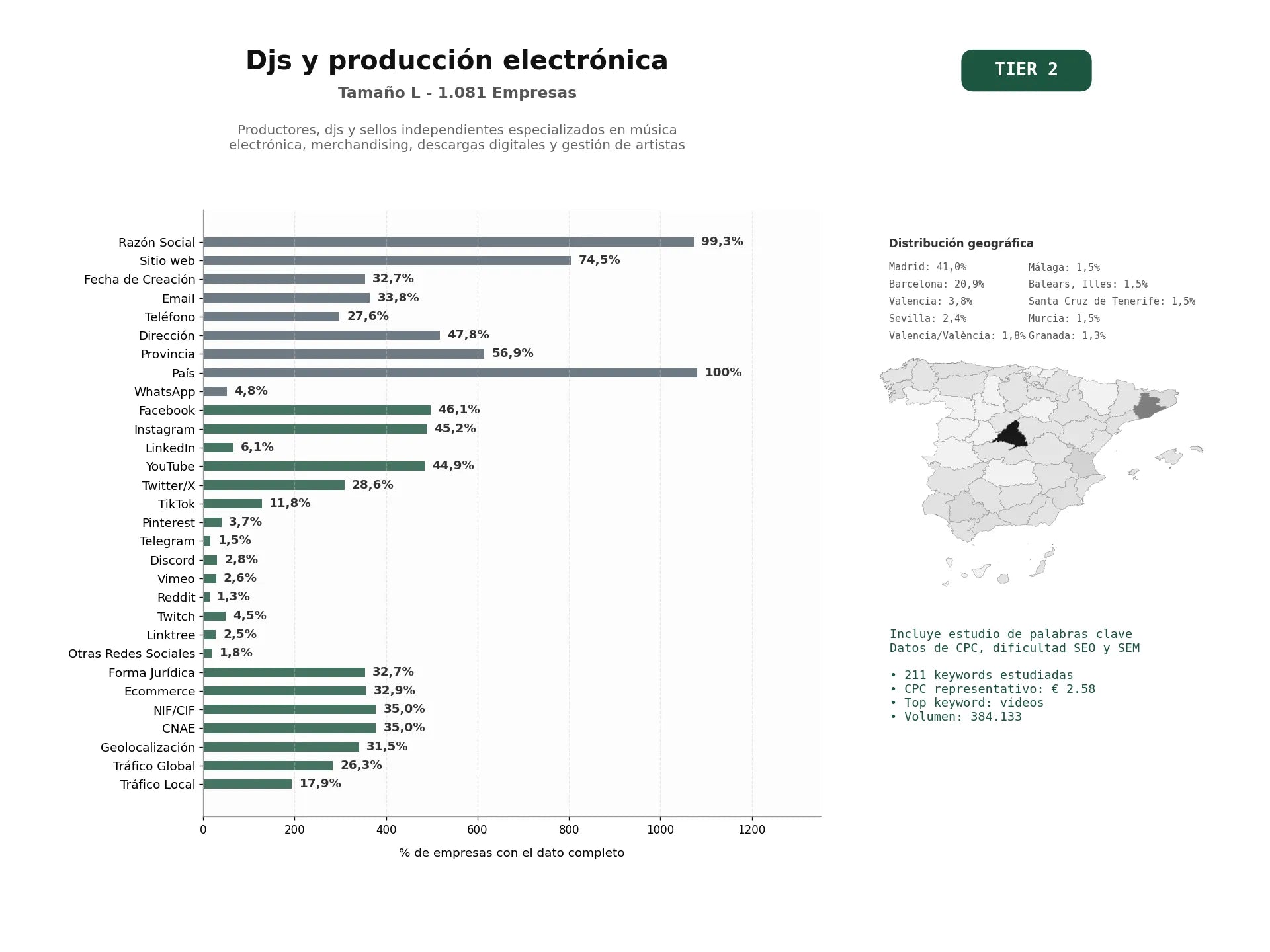 estudios de palabras clave, trafico web y datos de redes cosiales de Productores, DJs y sellos independientes especializados en música electrónica, merchandising, descargas digitales y gestión de artistas