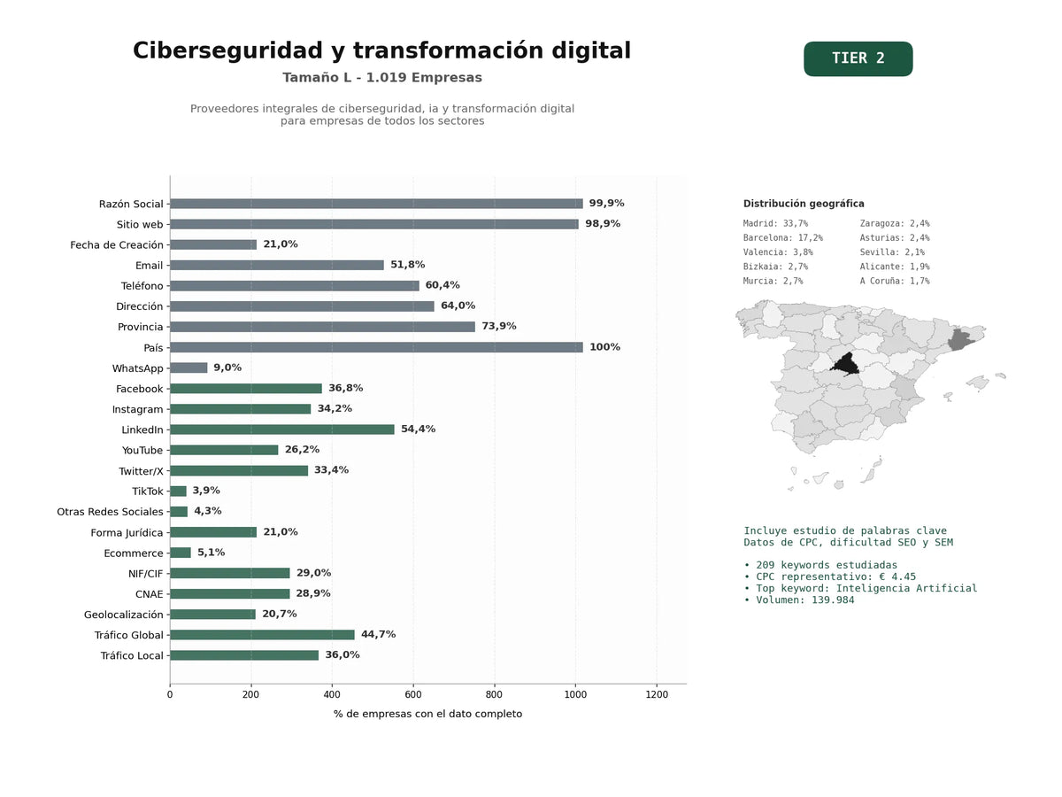 estudios de palabras clave, trafico web y datos de redes cosiales de Proveedores integrales de ciberseguridad, IA y transformación digital para empresas de todos los sectores