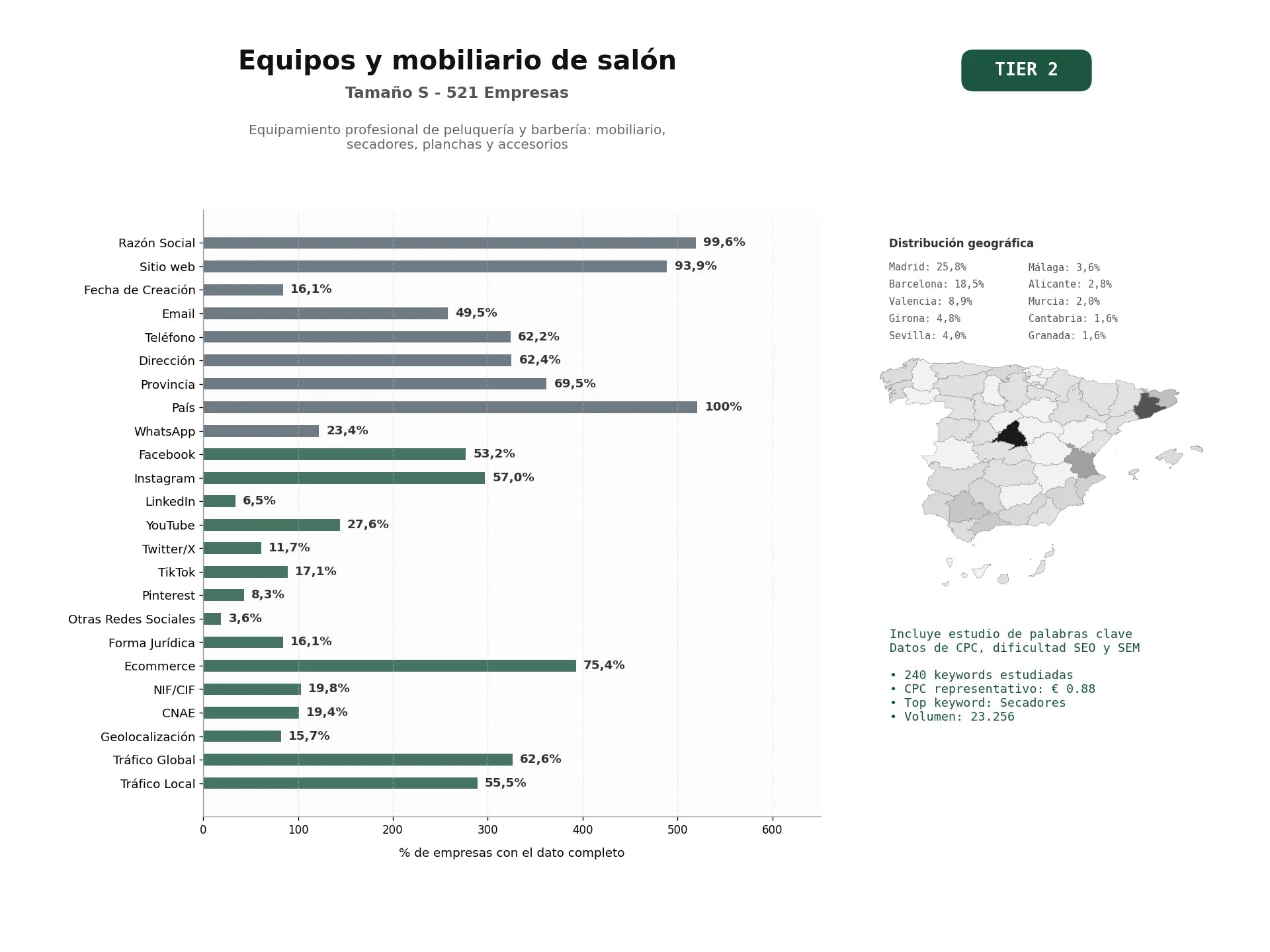 estudios de palabras clave, trafico web y datos de redes cosiales de Equipamiento profesional de peluquería y barbería: mobiliario, secadores, planchas y accesorios