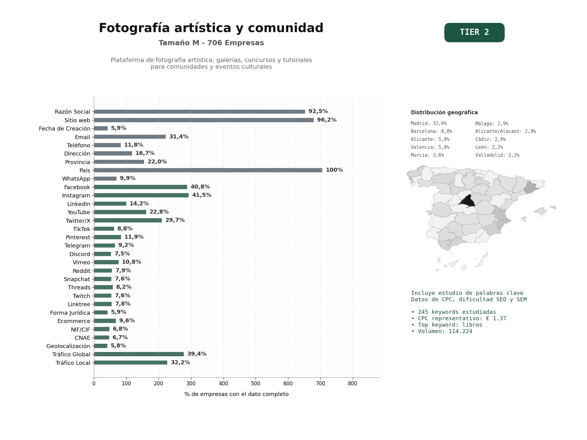 estudios de palabras clave, trafico web y datos de redes cosiales de Plataforma de fotografía artística, galerías, concursos y tutoriales para comunidades y eventos culturales